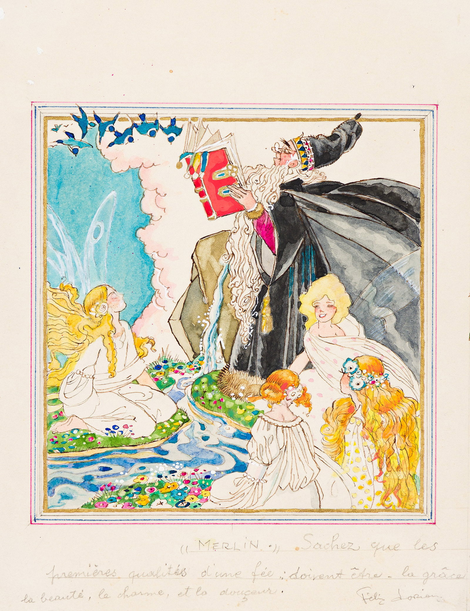 Felix Lorioux, (1872–1964), Study for illustration, Merlin reading to fairies. Circa 1960. (1 of 1)