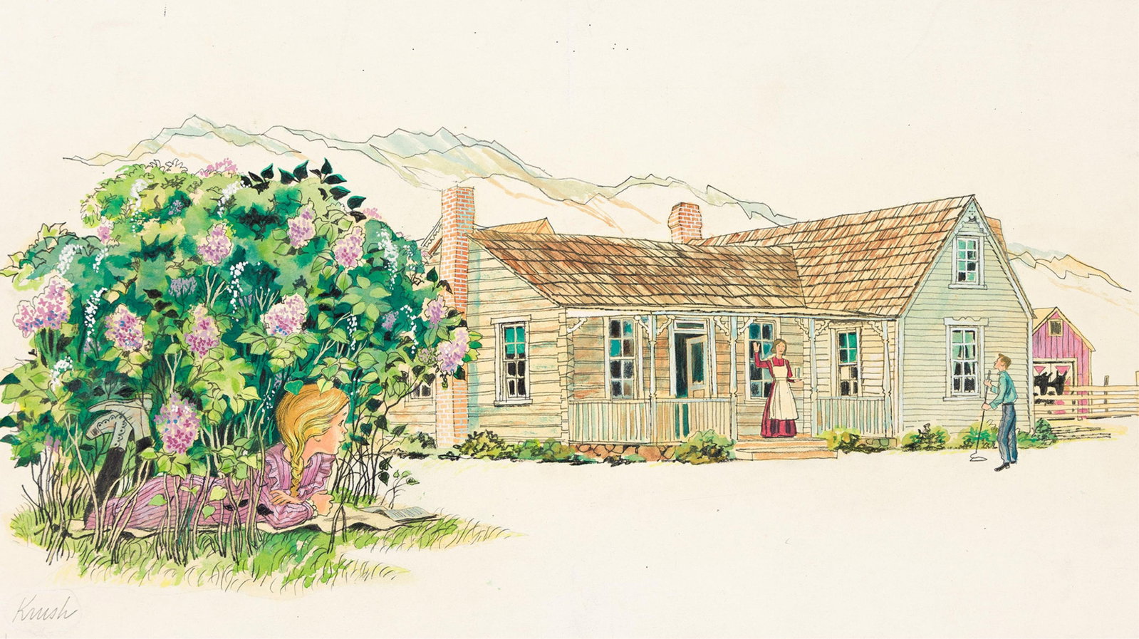 Joseph Krush, (1918-2022), "The house told the story of the family." 1965.: Joseph Krush (1918-2022) "The house told the story of the family." 1965. Watercolor on board. Signed "Krush" in lower left. Publication: Title page spread for "A House of Many Rooms," published in R