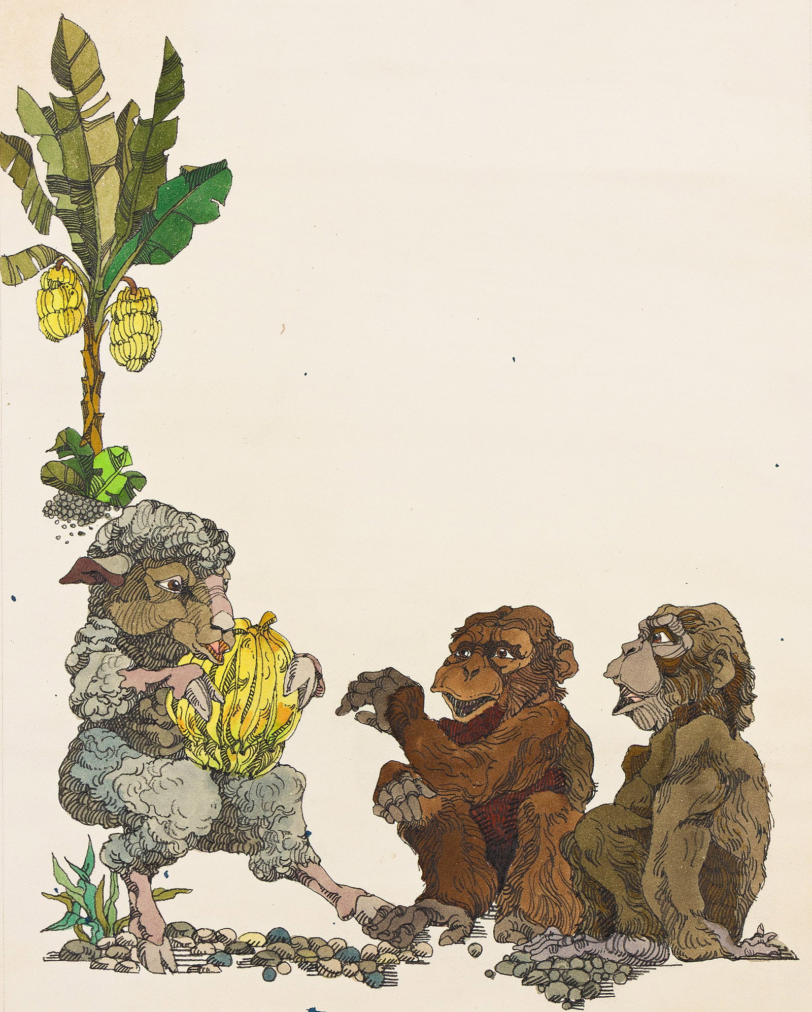 Jerry Pinkney, (1939-2021), Lamb, monkeys, and bananas, African folk tale. Circa 1970. (1 of 1)