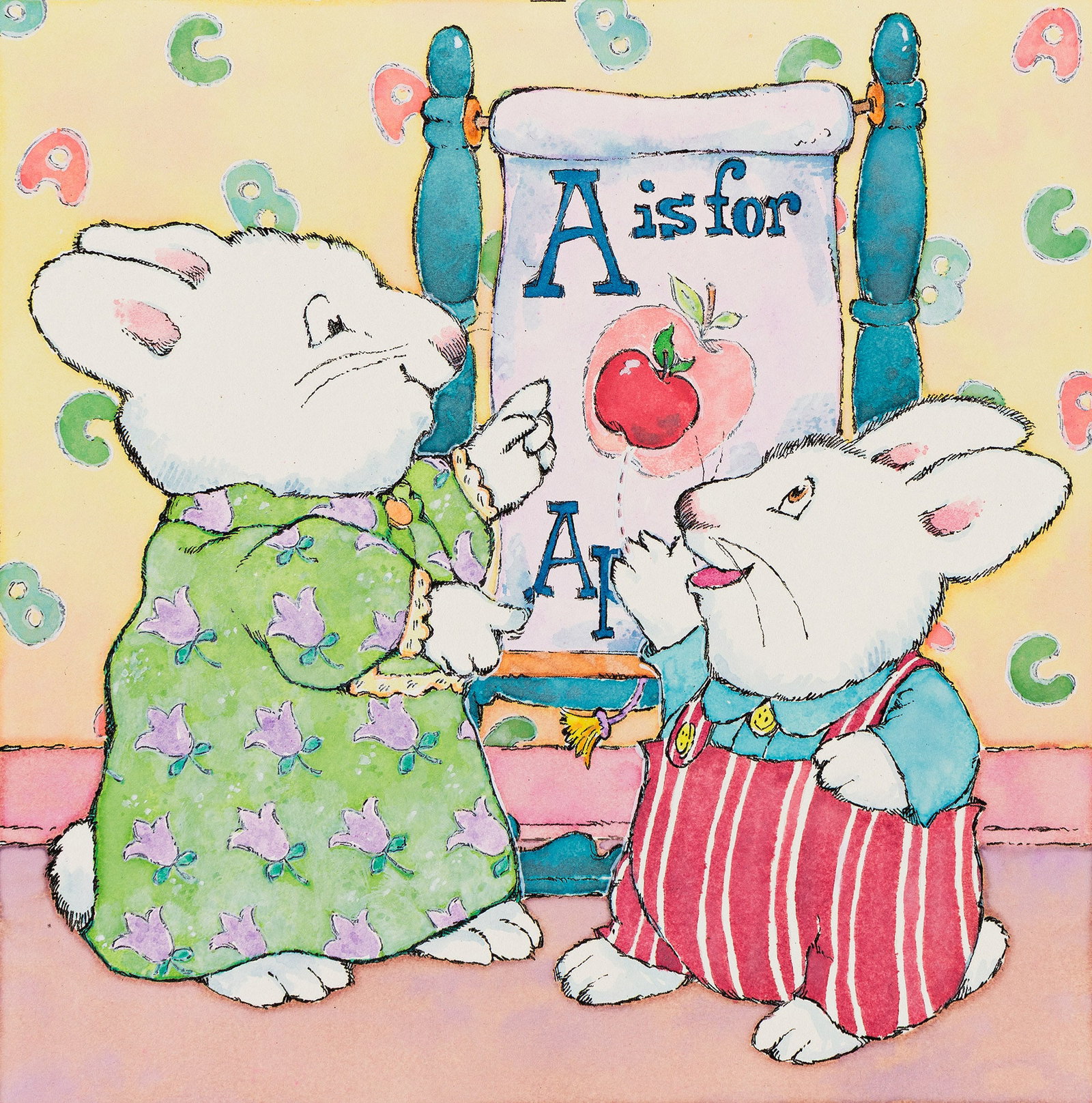 Rosemary Wells, (b. 1943), A is for Apple. Circa 2000., Watercolor and ink on paper., 8 1/4 x 11 in. (1 of 1)