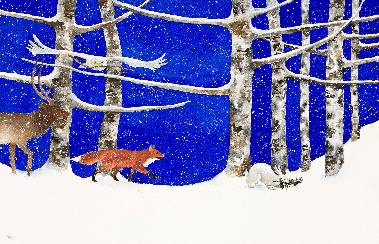 Olivier Dunrea, (b. 1953), Here comes the snow. 2000.: Olivier Dunrea (b. 1953) Here comes the snow. 2000. Gouache over pencil on paper. Initialed and dated in lower left margin. Includes Publication: Two page spread made for Dunrea's book, Bear Noel (N