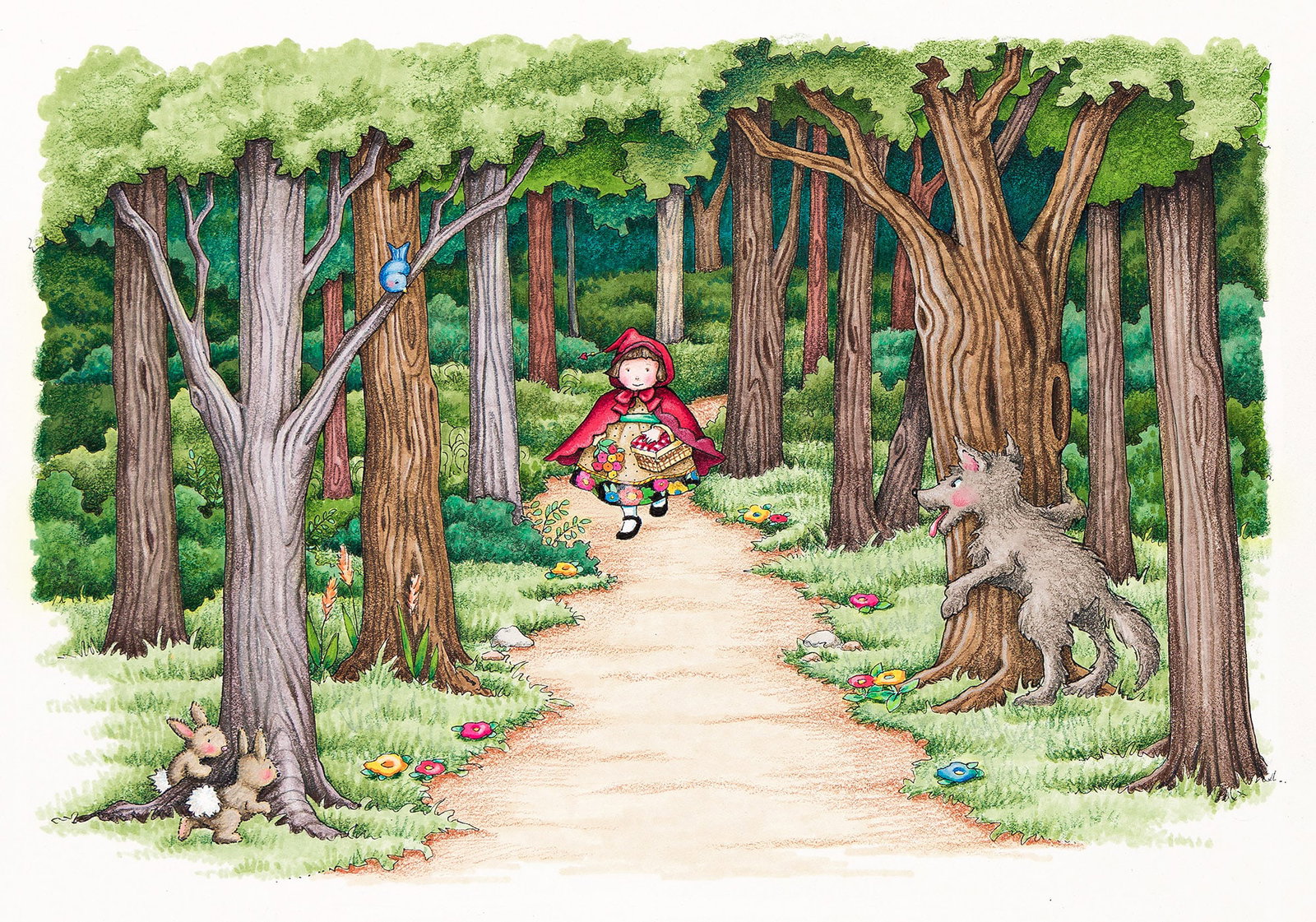 Mary Engelbreit, (b. 1952), "Little Red Riding Hood had not gone very far before she met a wolf." (1 of 4)
