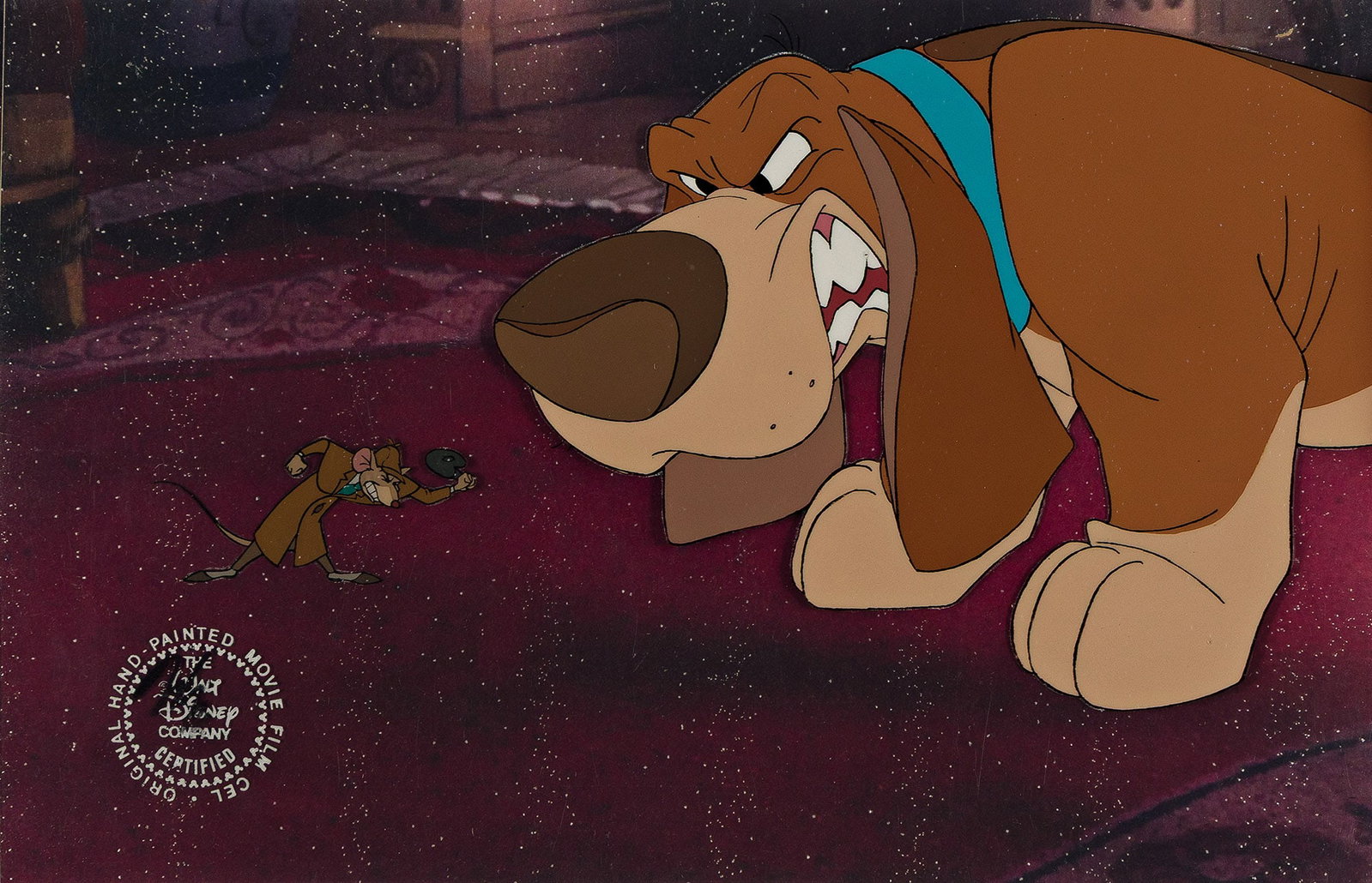 Walt Disney Studios, The Great Mouse Detective, Basil and Toby the Dog animation cel setup. 1986. (1 of 2)