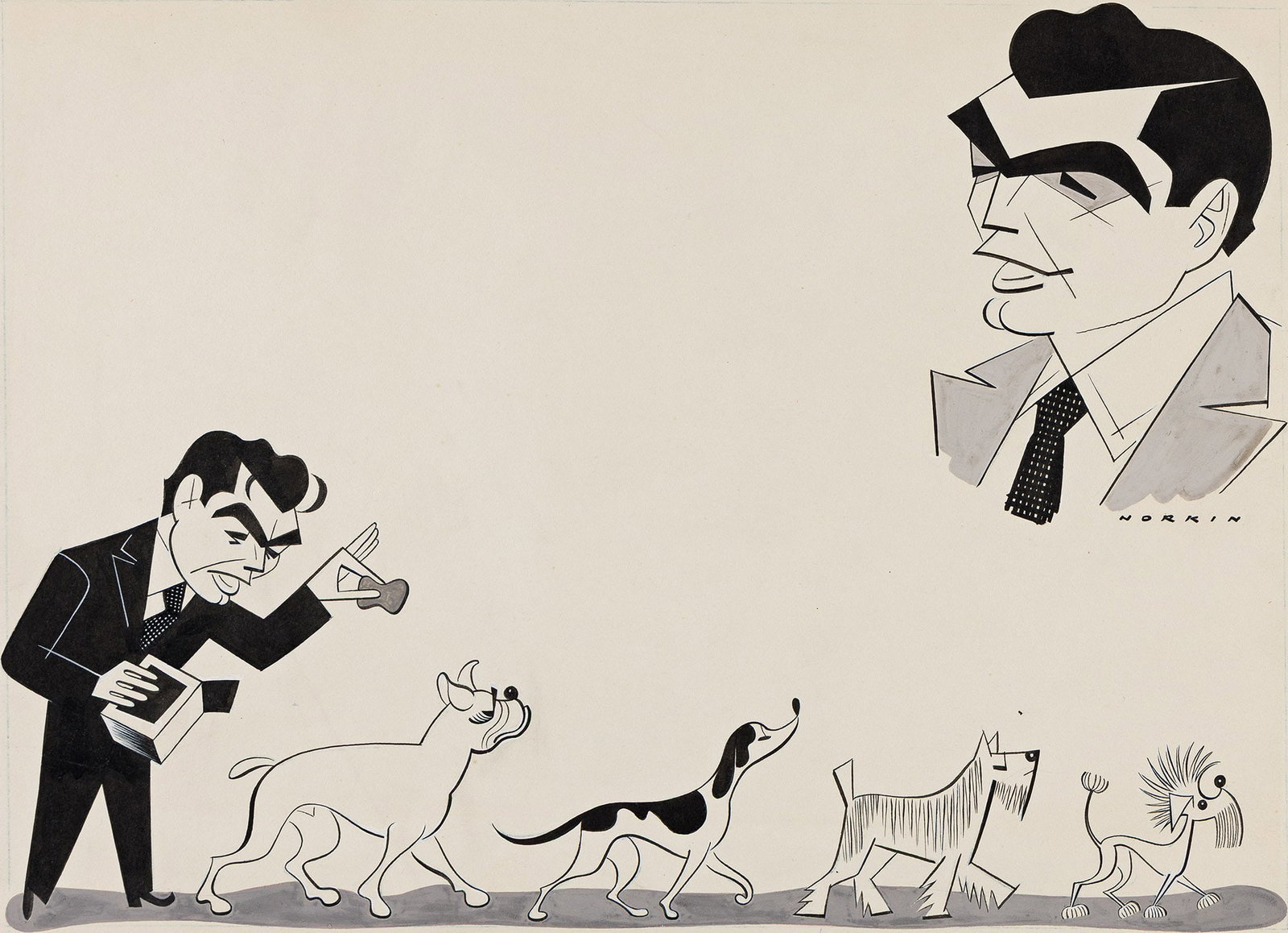 Sam Norkin, (1917-2011), Varsity. Circa 1960., Ink and wash on board., 12 3/4 x 17 1/2 in. (32.4 x (1 of 2)