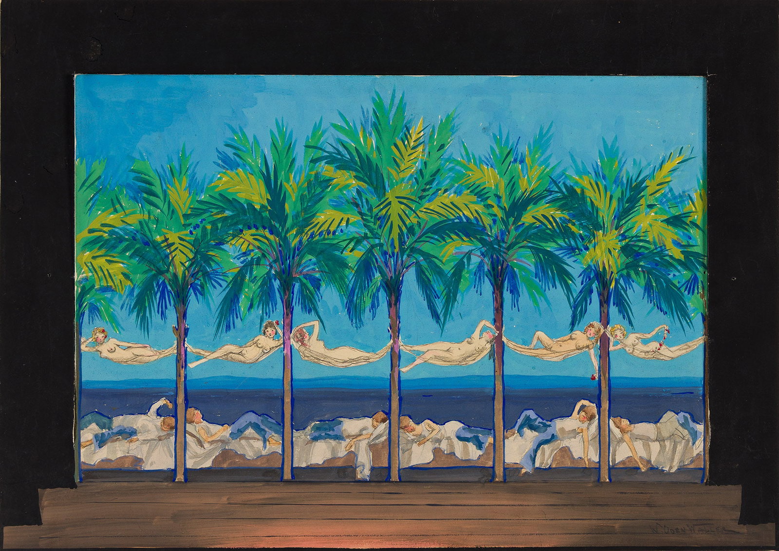 William Oden Waller, (1889-1976), Tropical scenic design. 1926.: William Oden Waller (1889-1976) Tropical scenic design. 1926. Gouache over graphite on board. Signed in pencil in lower right image. Studio stamp in lower right margin. Signed and dated "May 12, 1926"