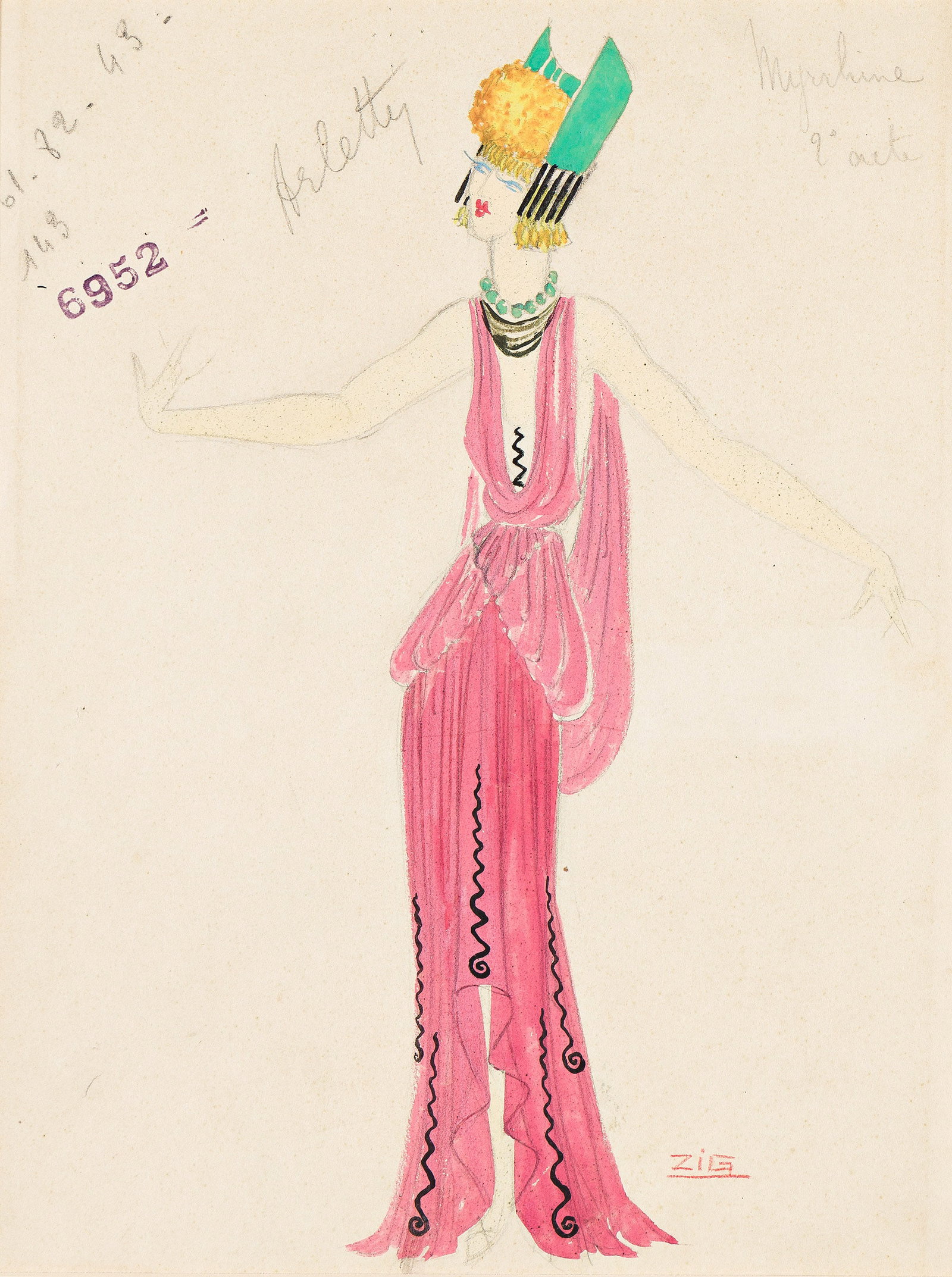 Zig (Louis Gaudin), (1882-1936), Costume study for Arletty as Myrrhine (Pink). 1910.: Zig (Louis Gaudin) (1882-1936) Costume study for Arletty as Myrrhine (Pink). 1910. Graphite, gouache, and ink on paper. Signed in lower right. Captioned in pencil and stamped with production design nu