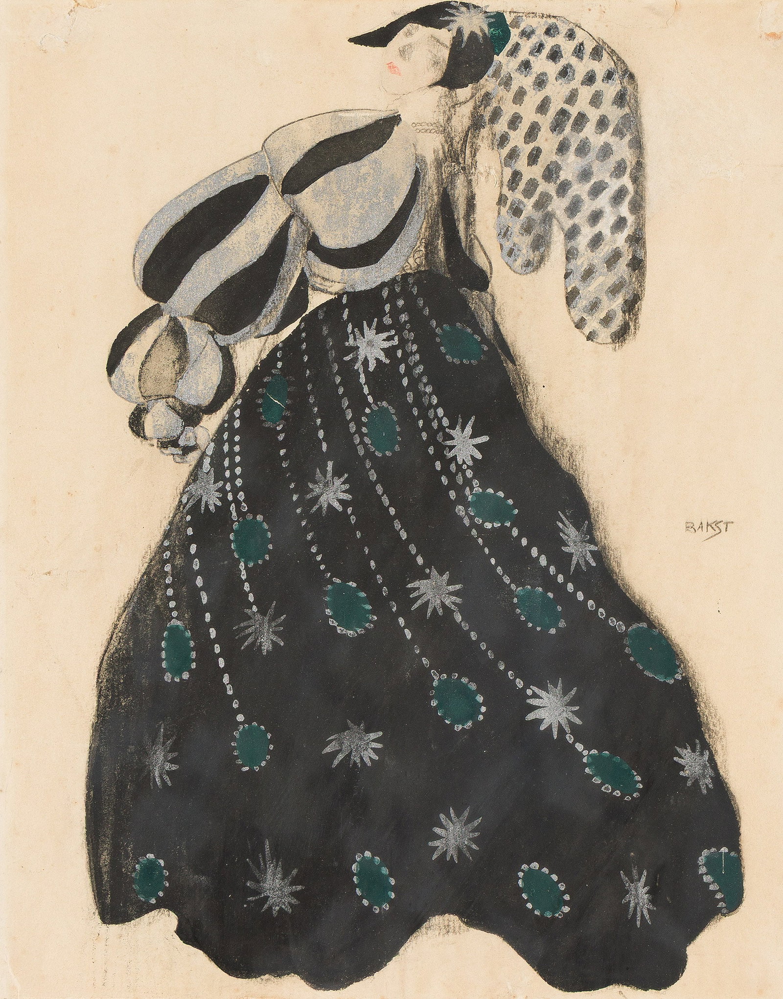 Leon Bakst, (1866-1924), Black, green, and silver costume design. Circa 1920.: Leon Bakst (1866-1924) Black, green, and silver costume design. Circa 1920. Watercolor and gold and silver paints over graphite on paper. Signed "Bakst" in center right. Production: Costume design,