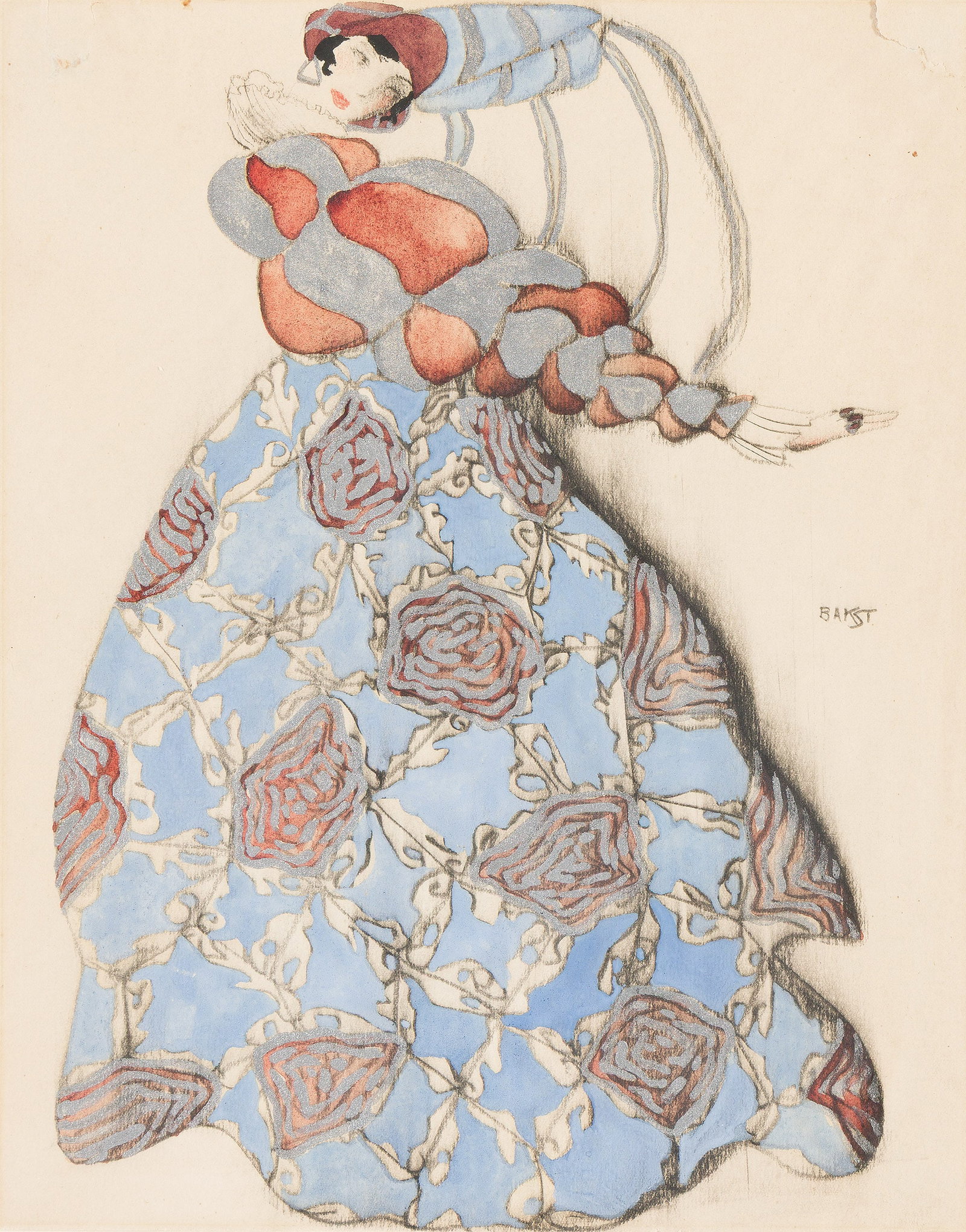 Leon Bakst, (1866-1924), Blue, silver, red costume design. Circa 1920. (1 of 1)