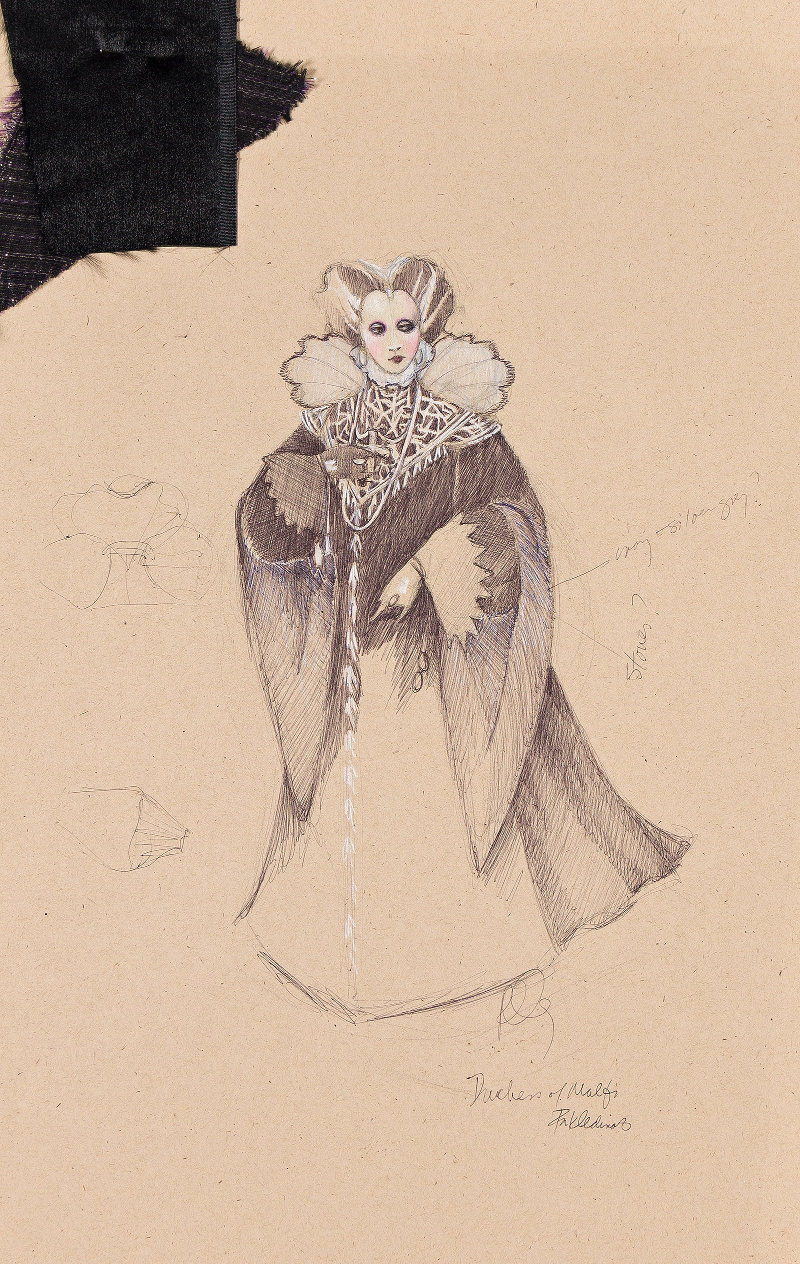 Martin Pakledinaz, (1953-2012), 2 designs, Duchess of Malfi & Guest 1, Secret Garden. Circa 1989.: Martin Pakledinaz (1953-2012) 2 designs, Duchess of Malfi & Guest 1, Secret Garden. Circa 1989. Mixed media on paper. Signed and titled in lower right, each. Productions: The Duchess of Malfi at