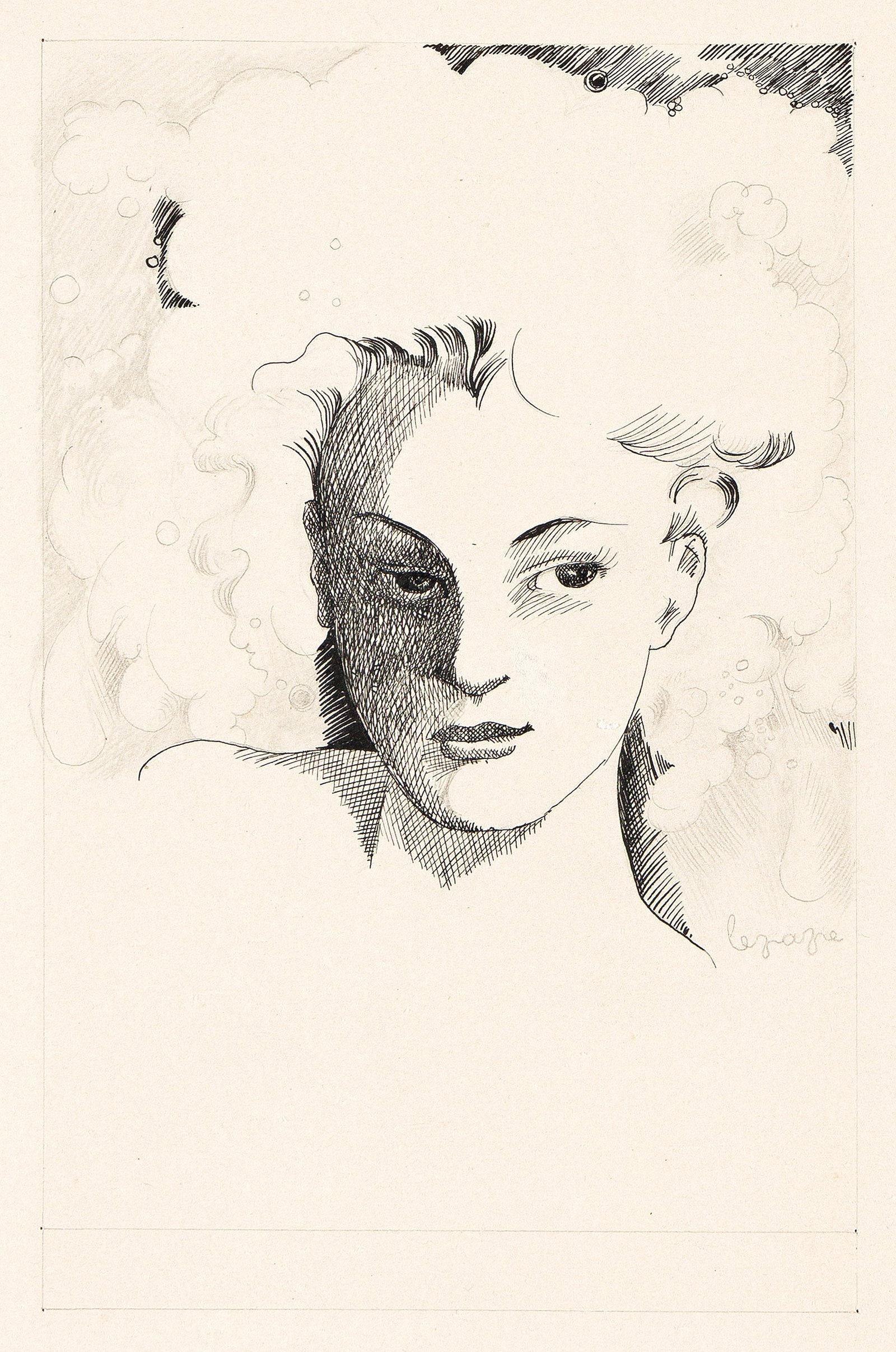 Georges Lepape, (1887-1971), Tête de femme de face. Circa 1930.: Georges Lepape (1887-1971) Tête de femme de face. Circa 1930. Pen and ink and pencil on paper. Both signed in lower right. 9 1/2 x 7 1/8 in. (24.1 x 18.1 cm.) and 13 1/4 x 11 in. (33.7 x 27.9 cm.