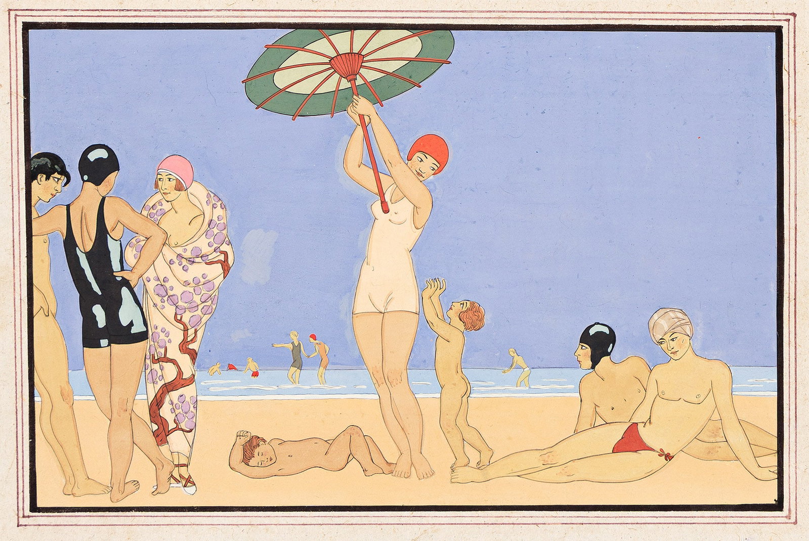 Georges Barbier, (1882-1932), Au Lido. 1924.: Georges Barbier (1882-1932) Au Lido. 1924. Ink and gouache on paper. Unsigned. Publication: Illustration from the fashion potrfolio, Le bonheur du jour; ou, Les graces a la mode (Paris: Meynial, 192