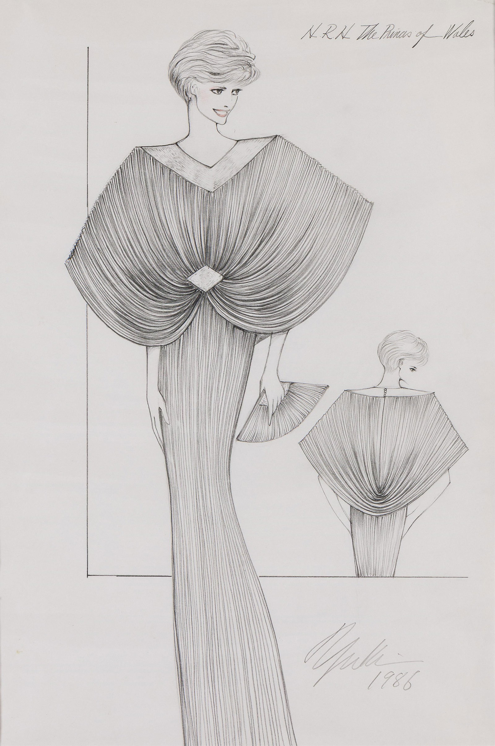 Gnyuki Torimaru, (1937-), Princess Diana pleated Fortuny-style formal dress. 1986. (1 of 2)