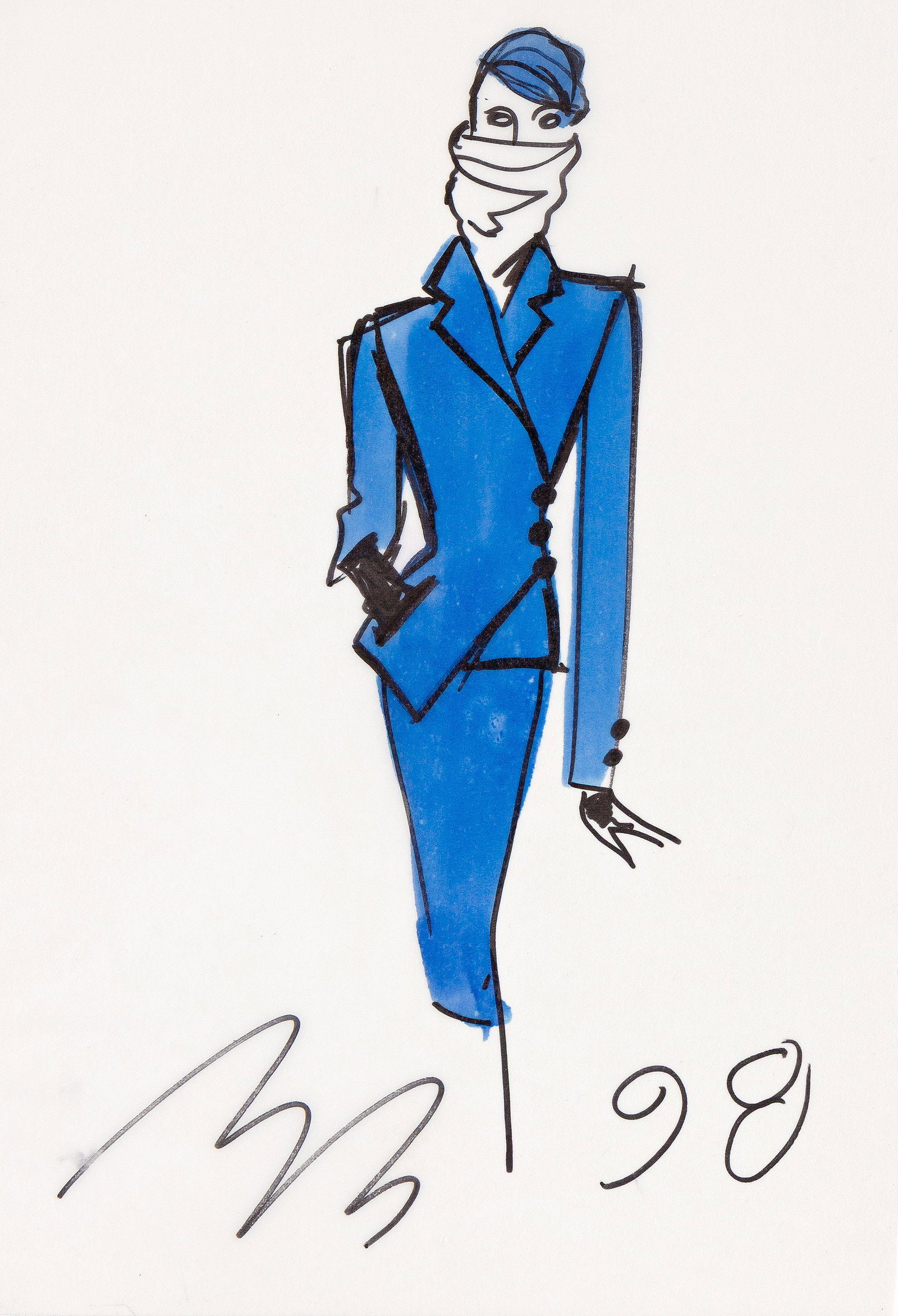 Bill Blass, (1922-2002), Blue suit fashion illustration. 1998. (1 of 1)