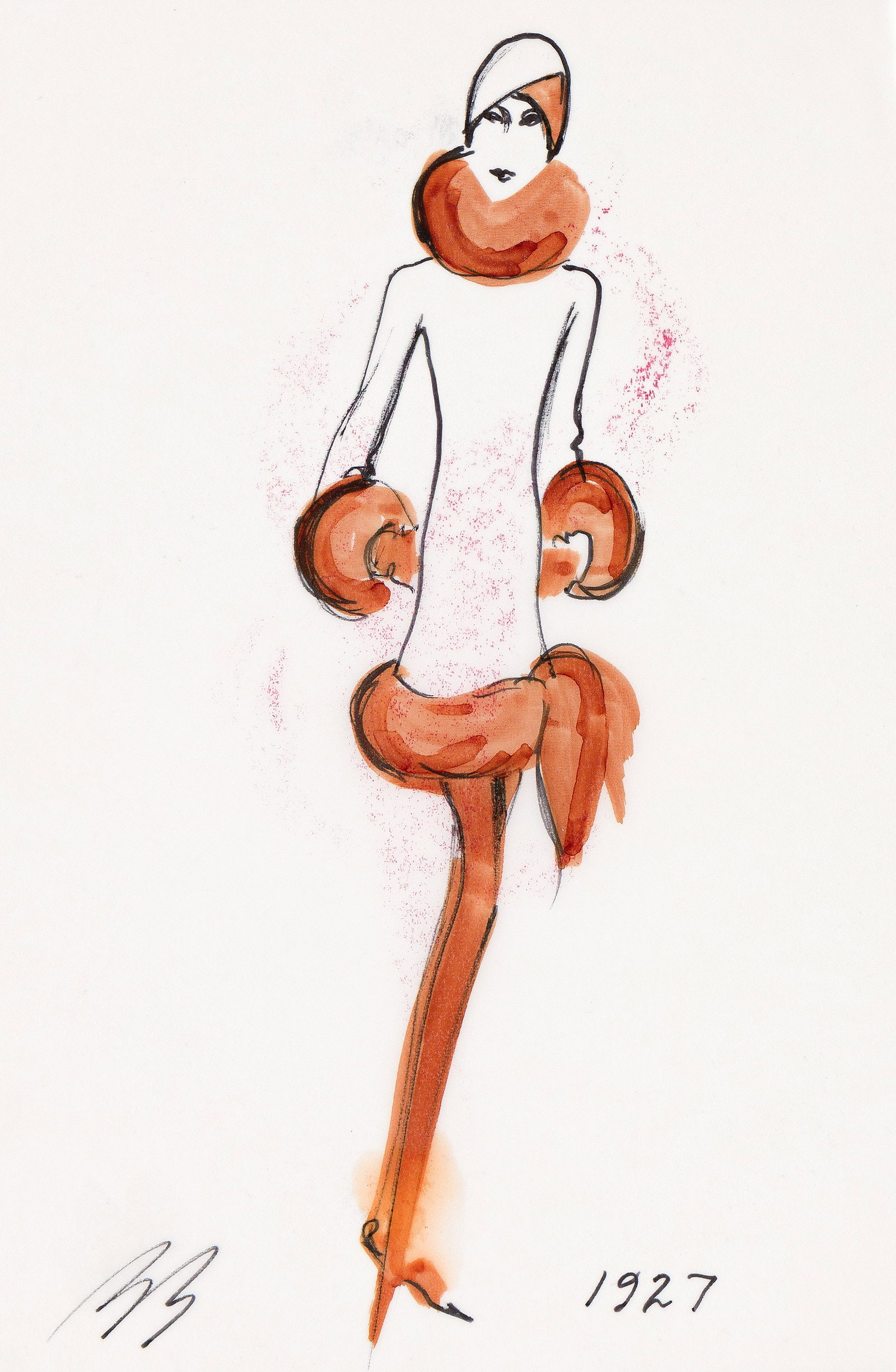 Bill Blass, (1922-2002), "1927" coat with brown fur trim fashion illustration. Circa 1990. (1 of 1)