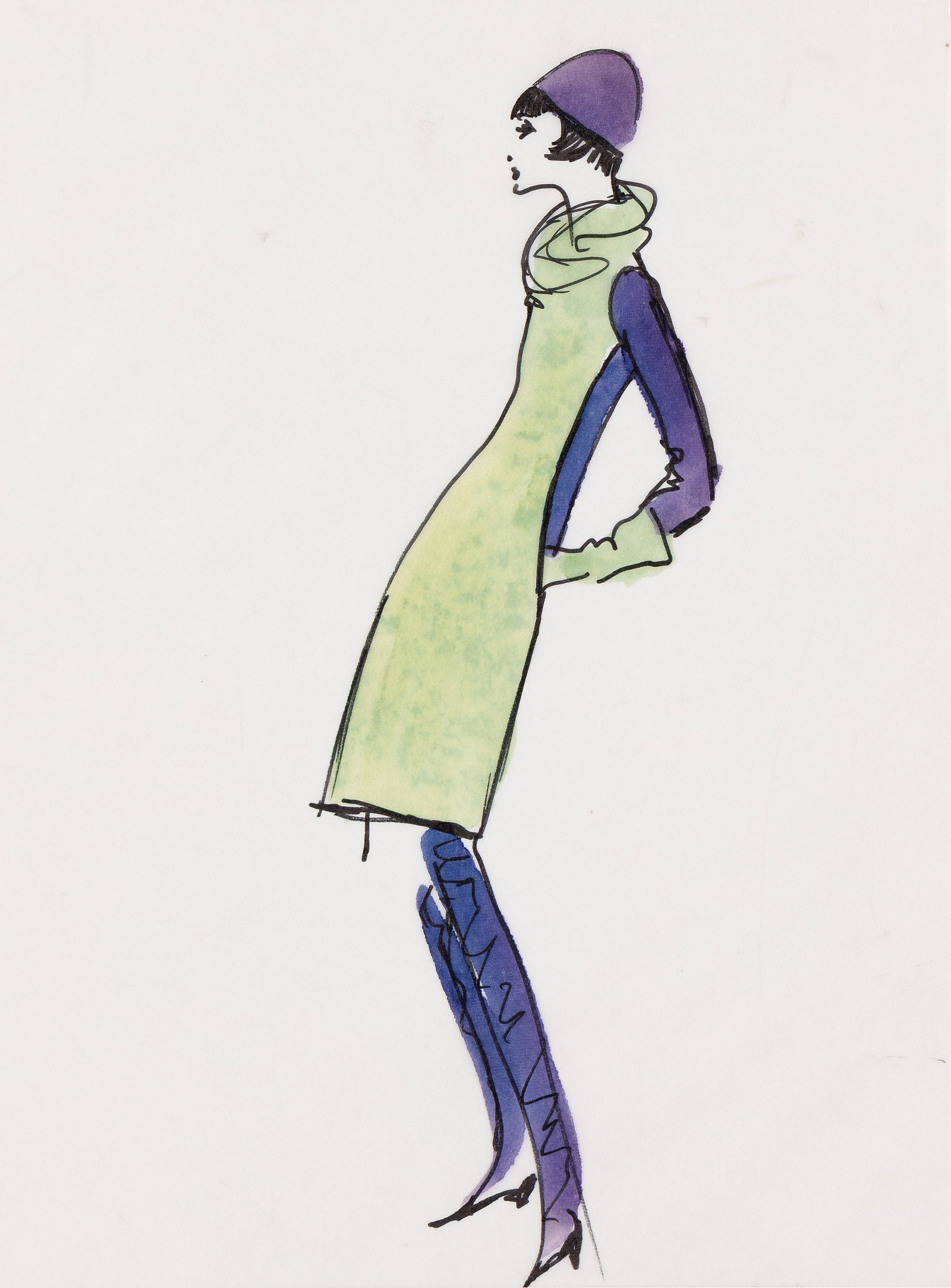 Bill Blass, (1922-2002), 60s style dress fashion illustration. Circa 1980. (1 of 2)