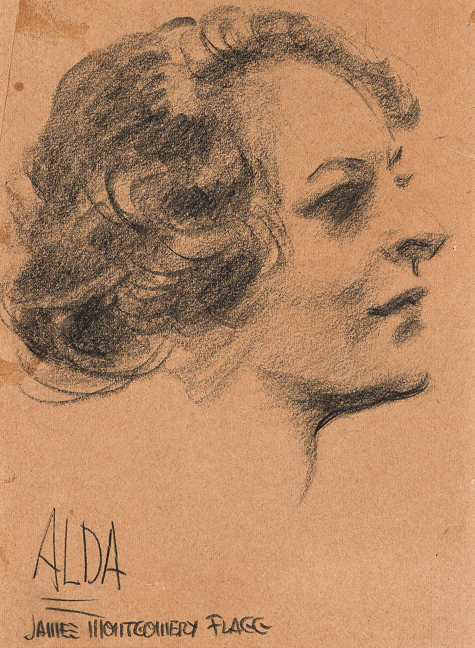 James Montgomery Flagg, (1877-1960), Portrait of Frances Alda. Circa 1910.: James Montgomery Flagg (1877-1960) Portrait of Frances Alda. Circa 1910. Graphite on paper, adhered to board. Signed in lower left. 10 1/2 x 8 in. (26.7 x 20.3 cm.), Mat: 16 x 13 in. (40.6 x 33 cm.)