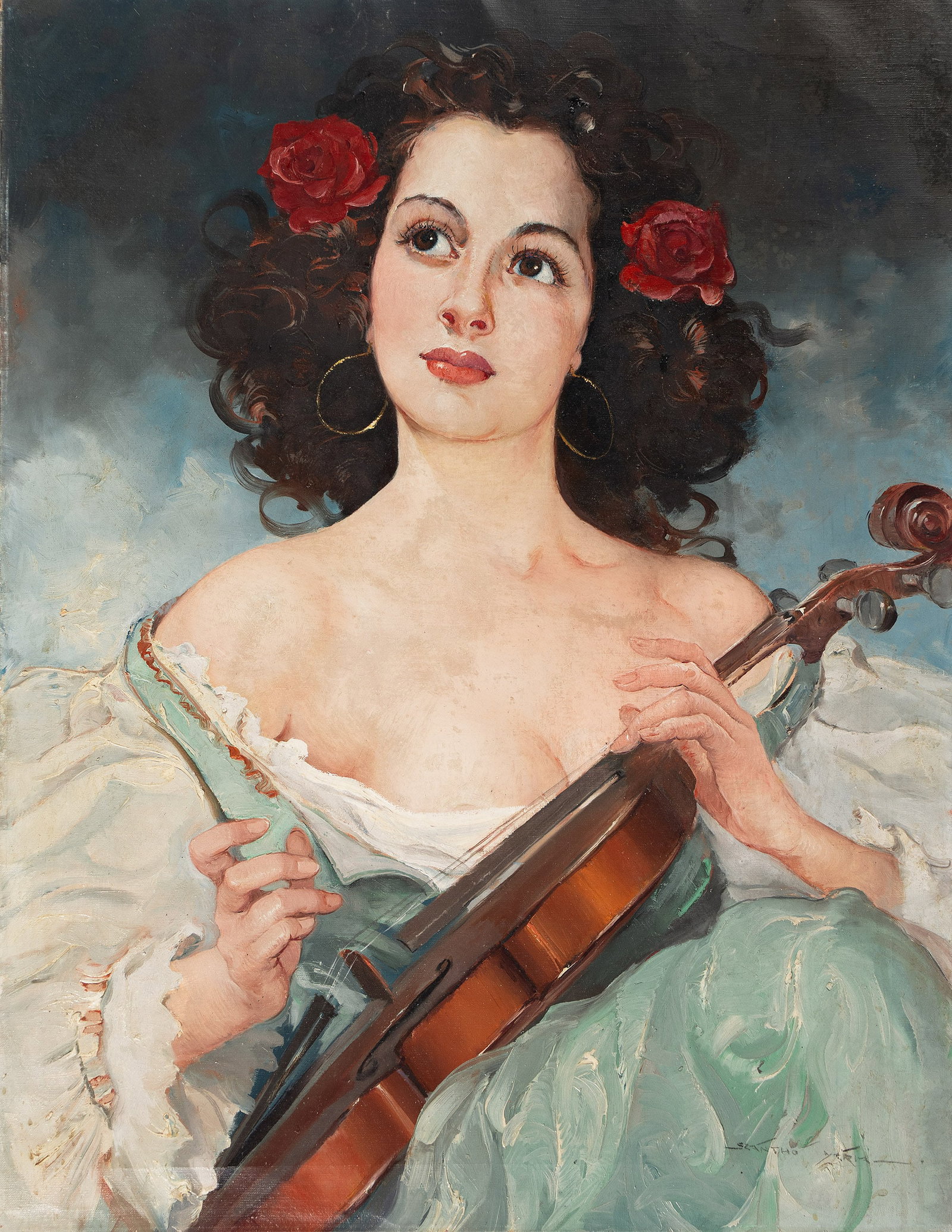 Maria Szantho, (1897-1984), Violist with roses in her hair. Circa 1940.: Maria Szantho (1897-1984) Violist with roses in her hair. Circa 1940. Oil on canvas. Additional Details Condition: Please contact the Specialist for the auction to request a condition report.