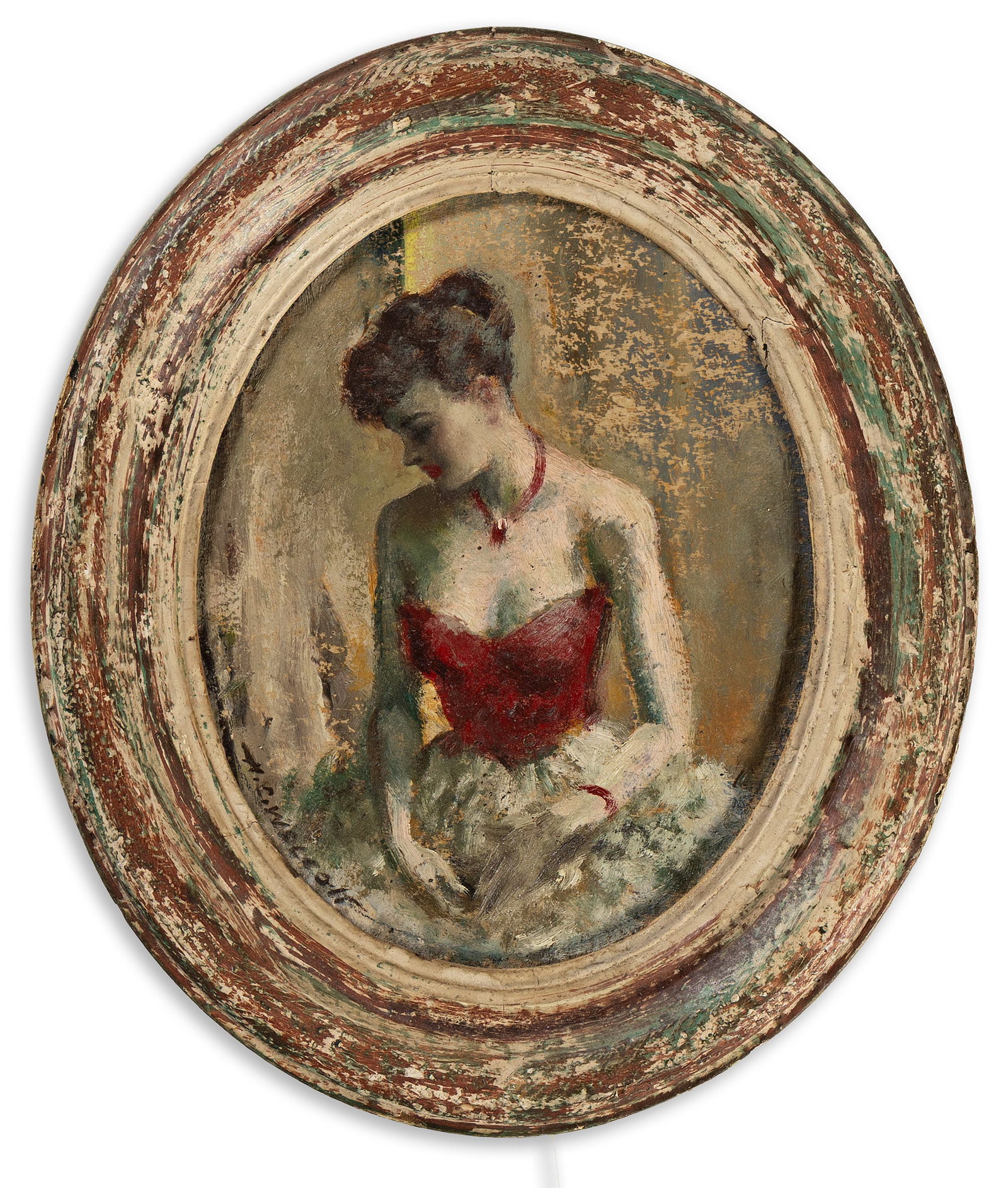 Harold C Wolcott, (1898-1977), 2 studies: dancer and corseted woman. Circa 1950.: Harold C Wolcott (1898-1977) 2 studies: dancer and corseted woman. Circa 1950. Oil on canvas board. Signed "H. C. Wolcott" on each in lower left. Inscribed on verso, "Study for danser [sic] by H. C. W