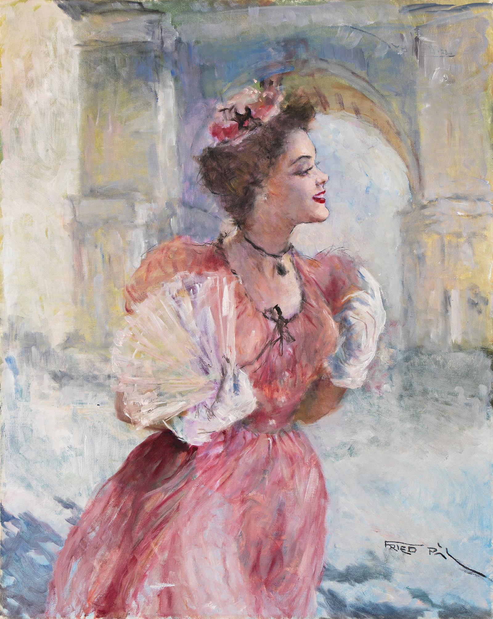 Pal Fried, (1893-1976), Beauty holding a fan. Circa 1950.: Pal Fried (1893-1976) Beauty holding a fan. Circa 1950. Oil on canvas. Signed in lower right. 30 x 24 in. (76.2 x 61 cm.), Frame: 37 1/4 x 31 in. (94.6 x 78.7 cm.) Additional Details <
