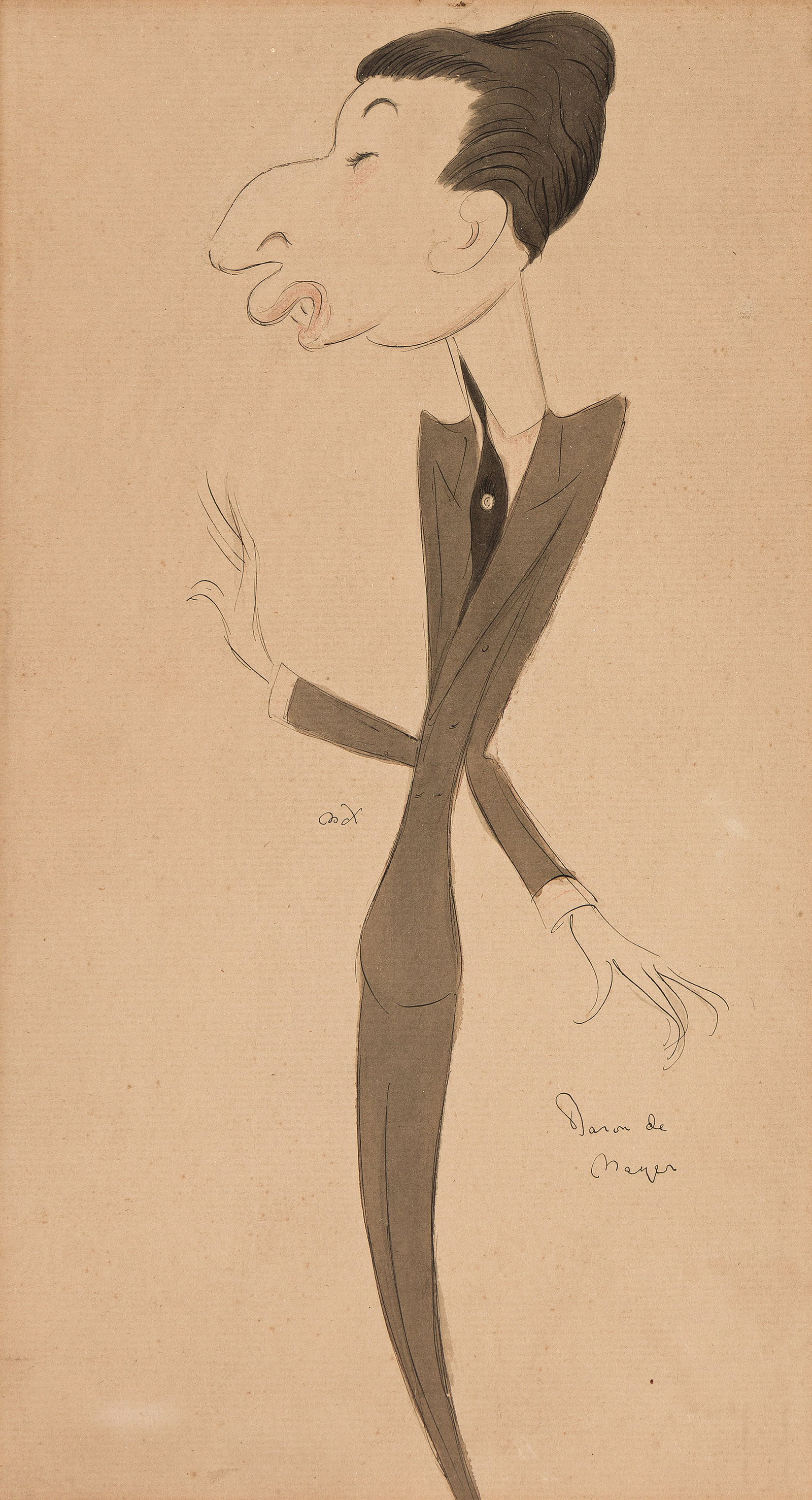 Max Beerbohm, (1872-1956), Caricature of Baron Adolf de Meyer. Circa 1900.: Max Beerbohm (1872-1956) Caricature of Baron Adolf de Meyer. Circa 1900. Ink and watercolor on board. Signed in center left. Subject's name inscribed in lower right. 17 1/2 x 10 1/2 in. (44.5 x 2