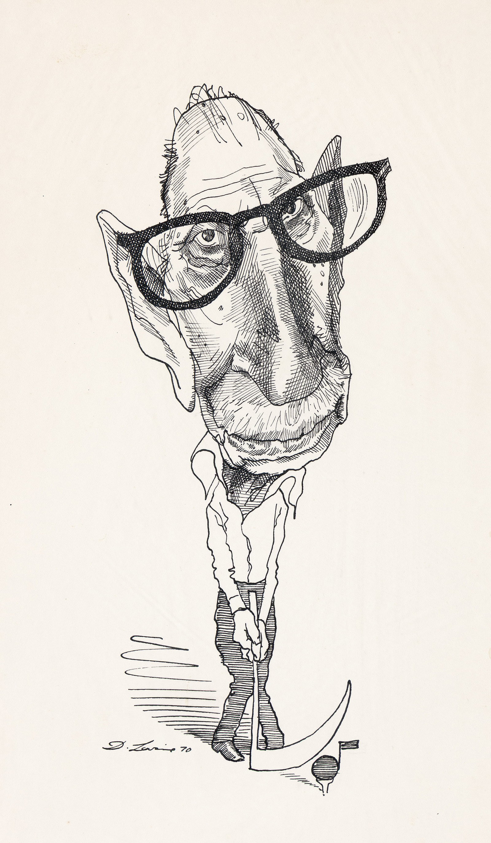 David Levine, (1926-2009), Stravinsky: Portrait of the Artist as an Old Man. 1970.: David Levine (1926-2009) Stravinsky: Portrait of the Artist as an Old Man. 1970. Pen and ink on paper. Signed and dated in lower left. "Igor Stravinsky N.Y.R." written in pen on verso. Includes Forum 