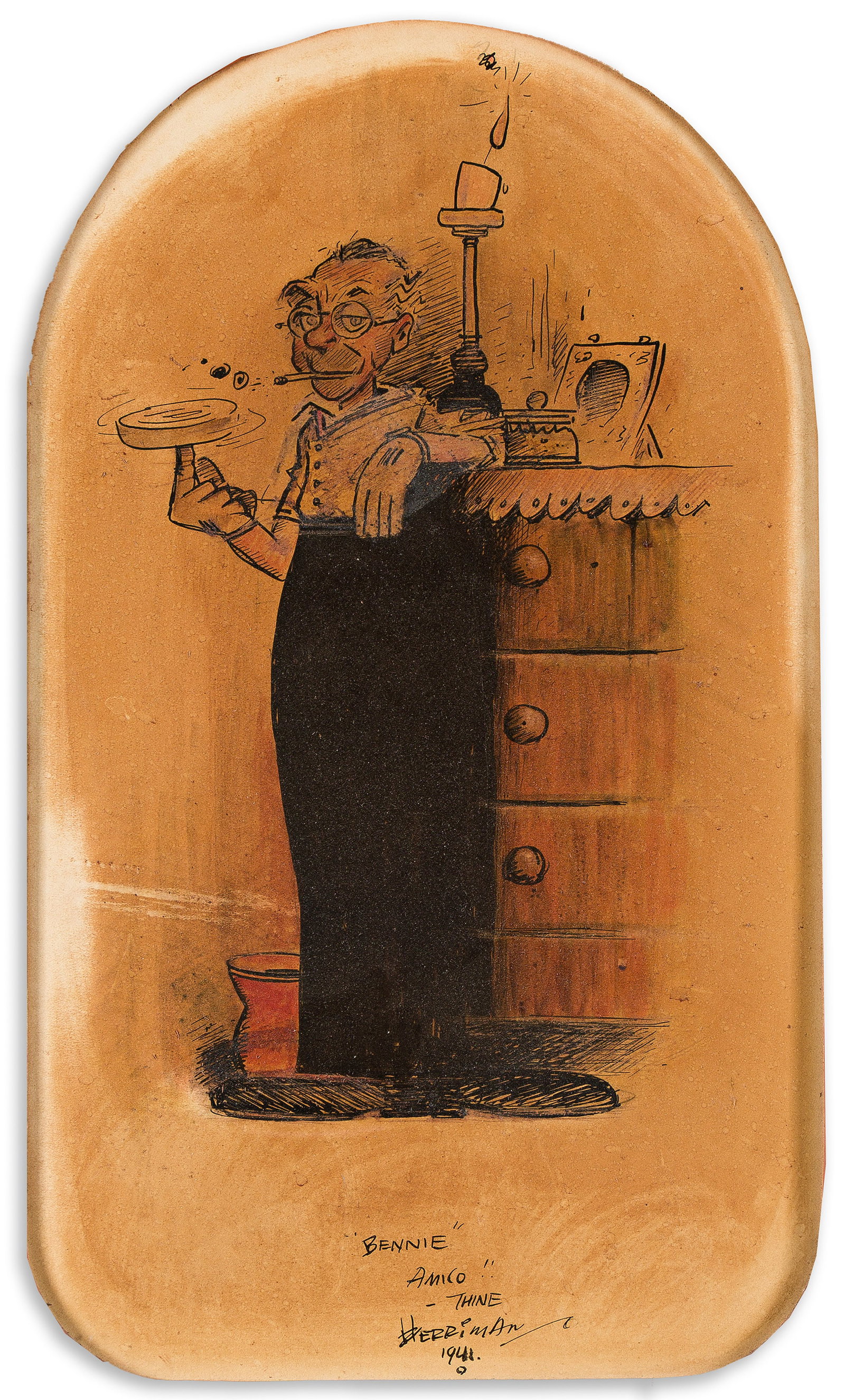 George Joseph Herriman, (1880-1944), Specialty drawing, caricature of Ben Harrison. 1941.: George Joseph Herriman (1880-1944) Specialty drawing, caricature of Ben Harrison. 1941. Ink and watercolor on board. Inscribed in lower margin, "'Bennie' Amico!! - Thine Herriman 1941." Image: 17 x 10