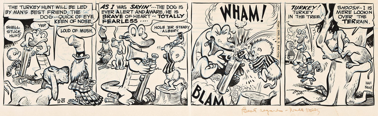 Walt Kelly, (1913-1973), Pogo, Thanksgiving turkey hunt. 1949. (1 of 2)