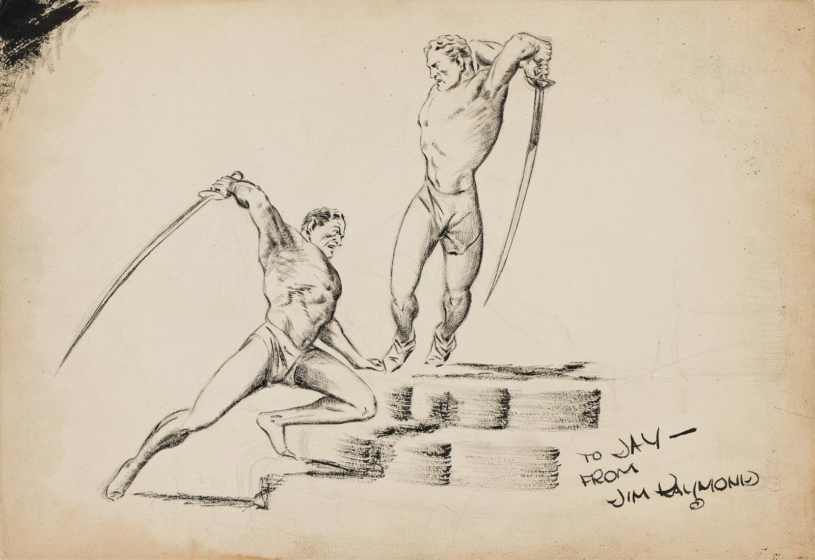 Jim Raymond, (1917-1981), Flash Gordon-style specialty drawing. Circa 1940.: Jim Raymond (1917-1981) Flash Gordon-style specialty drawing. Circa 1940. Ink on board. Inscribed and singed, "To Jay, From Jim Raymond" in lower right. 10 x 14 1/4 in. (25.4 x 36.2 cm.) Addi