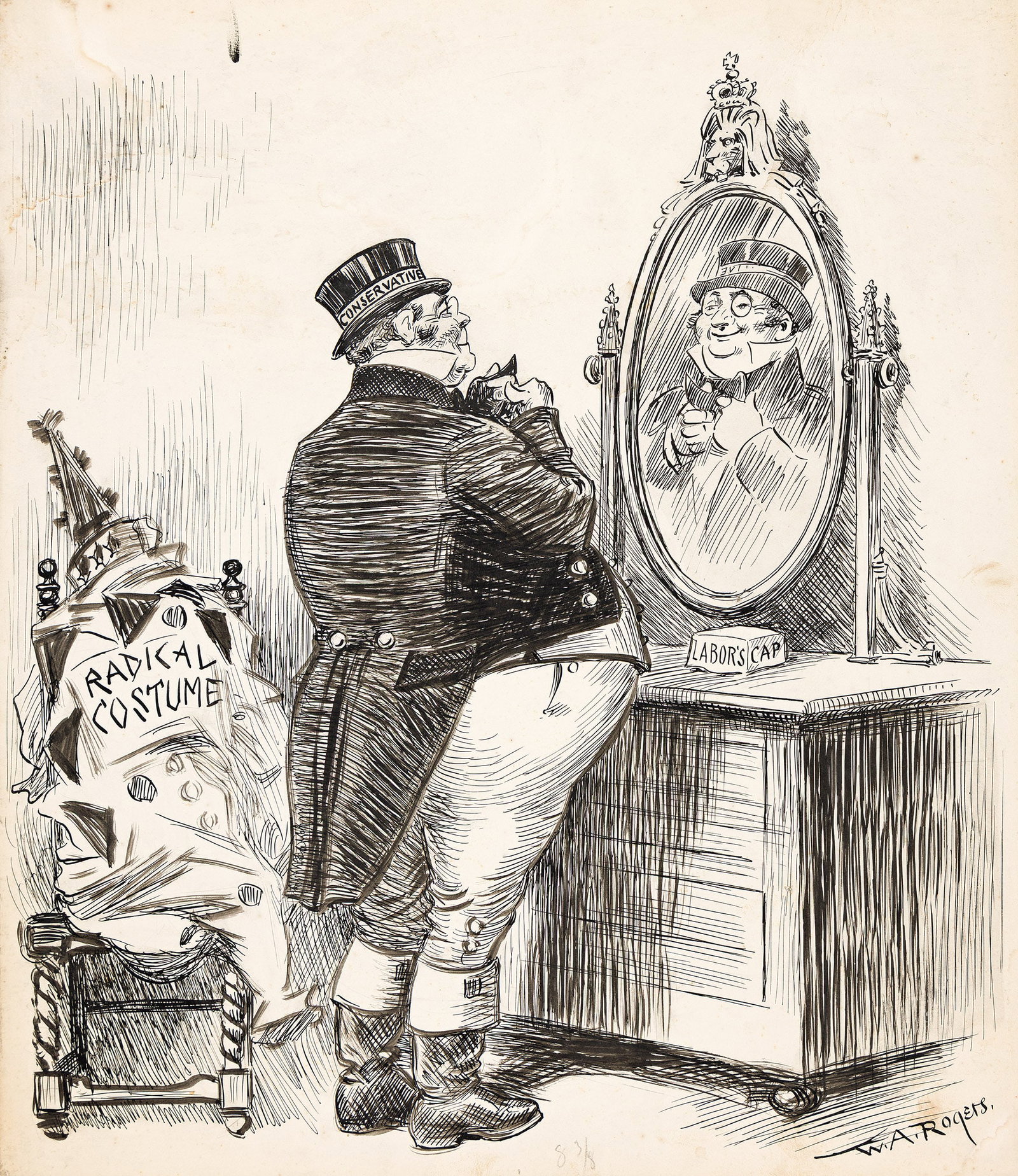 William Allen Rogers, (1854-1931), Conservative sheds his radical costume. 1924.: William Allen Rogers (1854-1931) Conservative sheds his radical costume. 1924. Ink and wash on Bristol board. Signed in lower right. Inscribed "Monday, November 10" and stamped "Oct. 1924" on verso. F