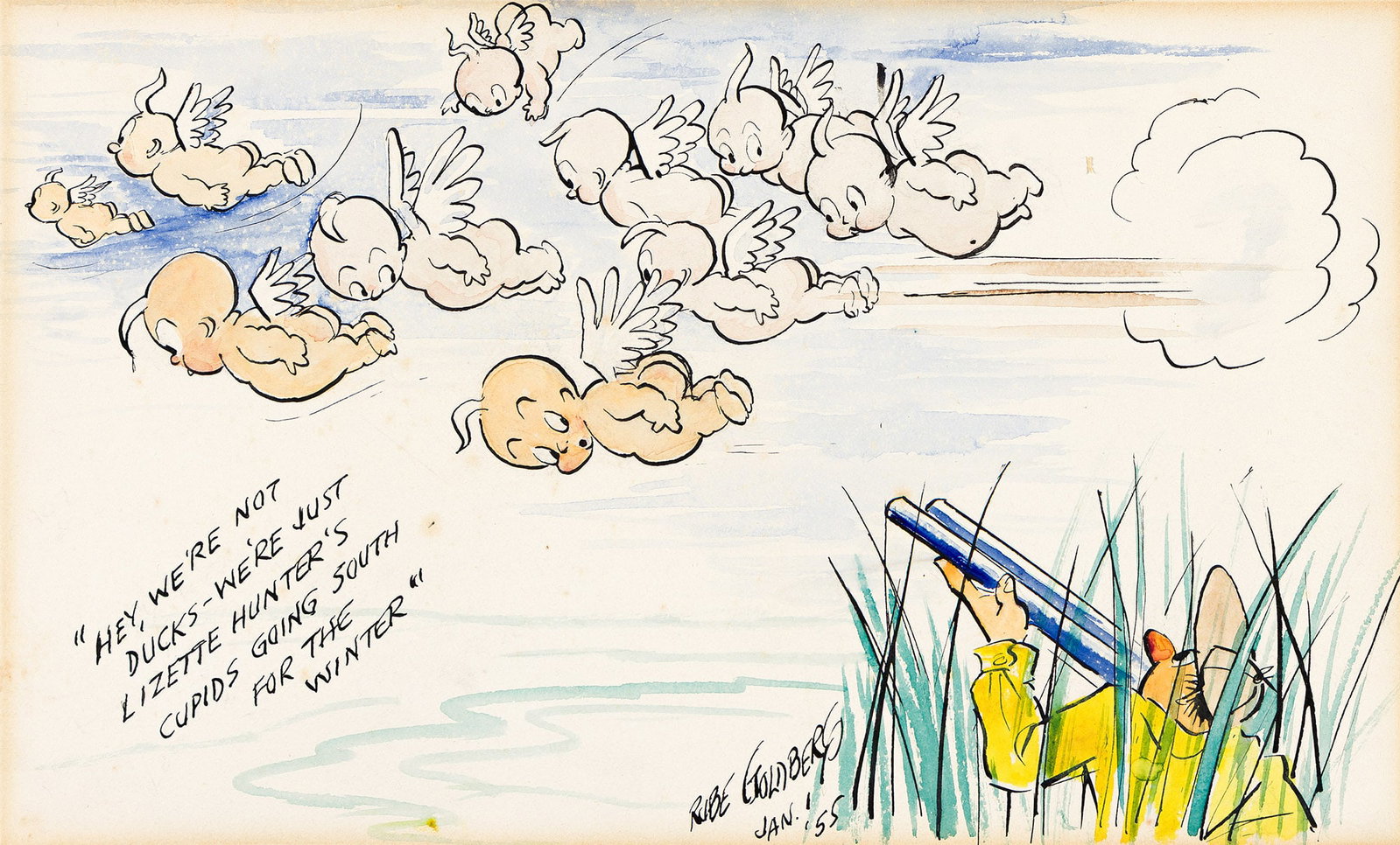 Rube Goldberg, (1883-1970), Cupids going south for the winter. 1955. (1 of 1)