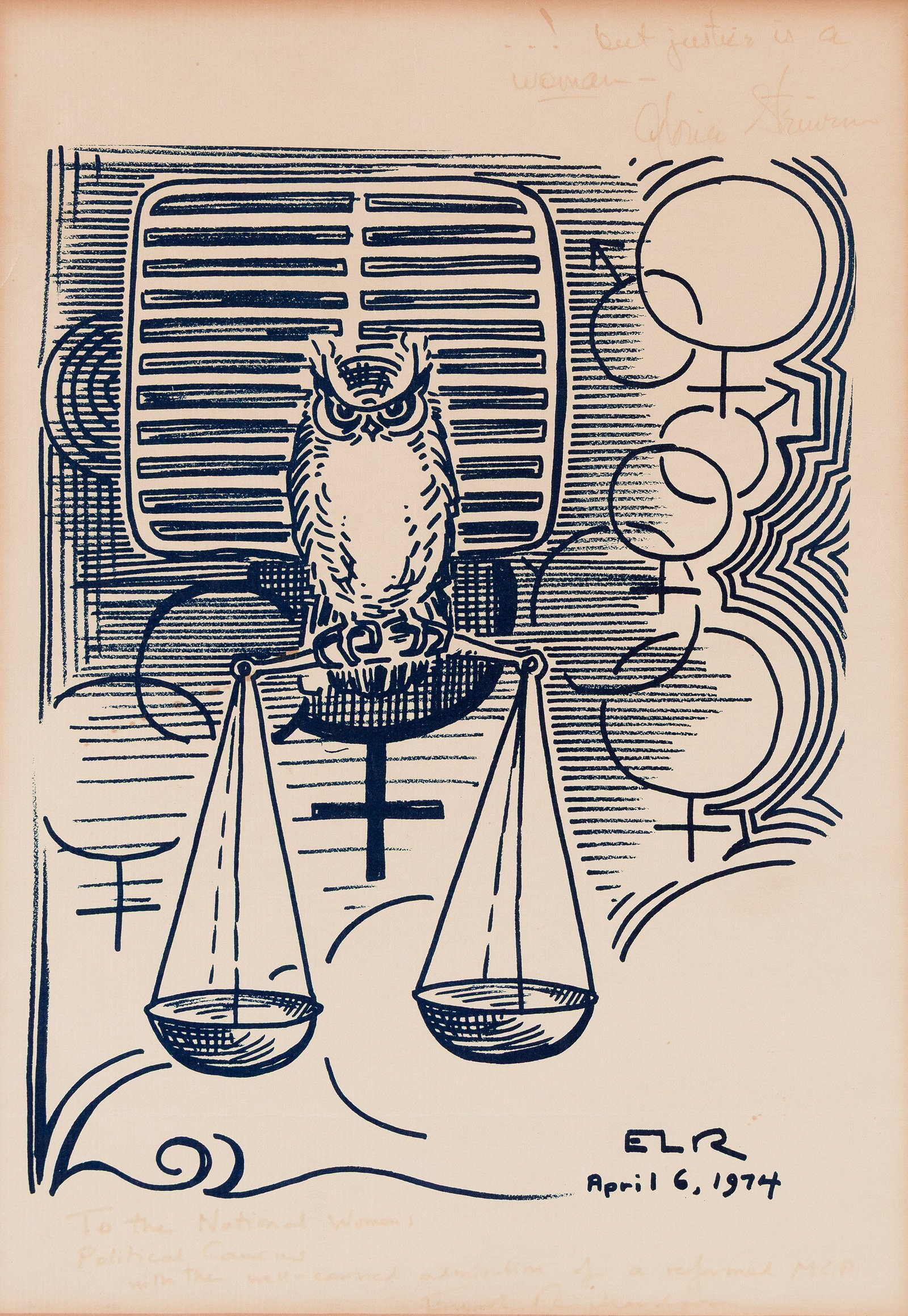 Attributed to Ed Richardson, (b. 1927), "But justice is a woman!" 1974. (1 of 1)