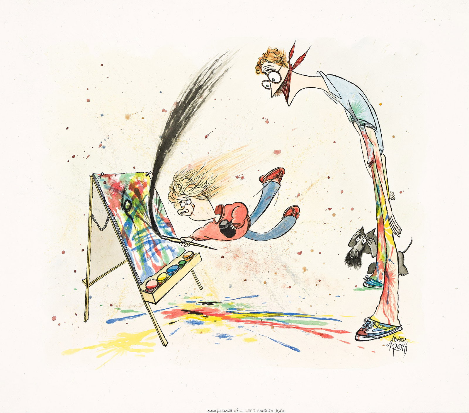 Arnold Roth, (b. 1929), Confessions of a left-handed dad. Circa 1980.: Arnold Roth (b. 1929) Confessions of a left-handed dad. Circa 1980. Watercolor and ink on Bristol board, adhered to matt board. Signed in lower right. Title written in lower margin. 16 1/2 x 18 1/2 in