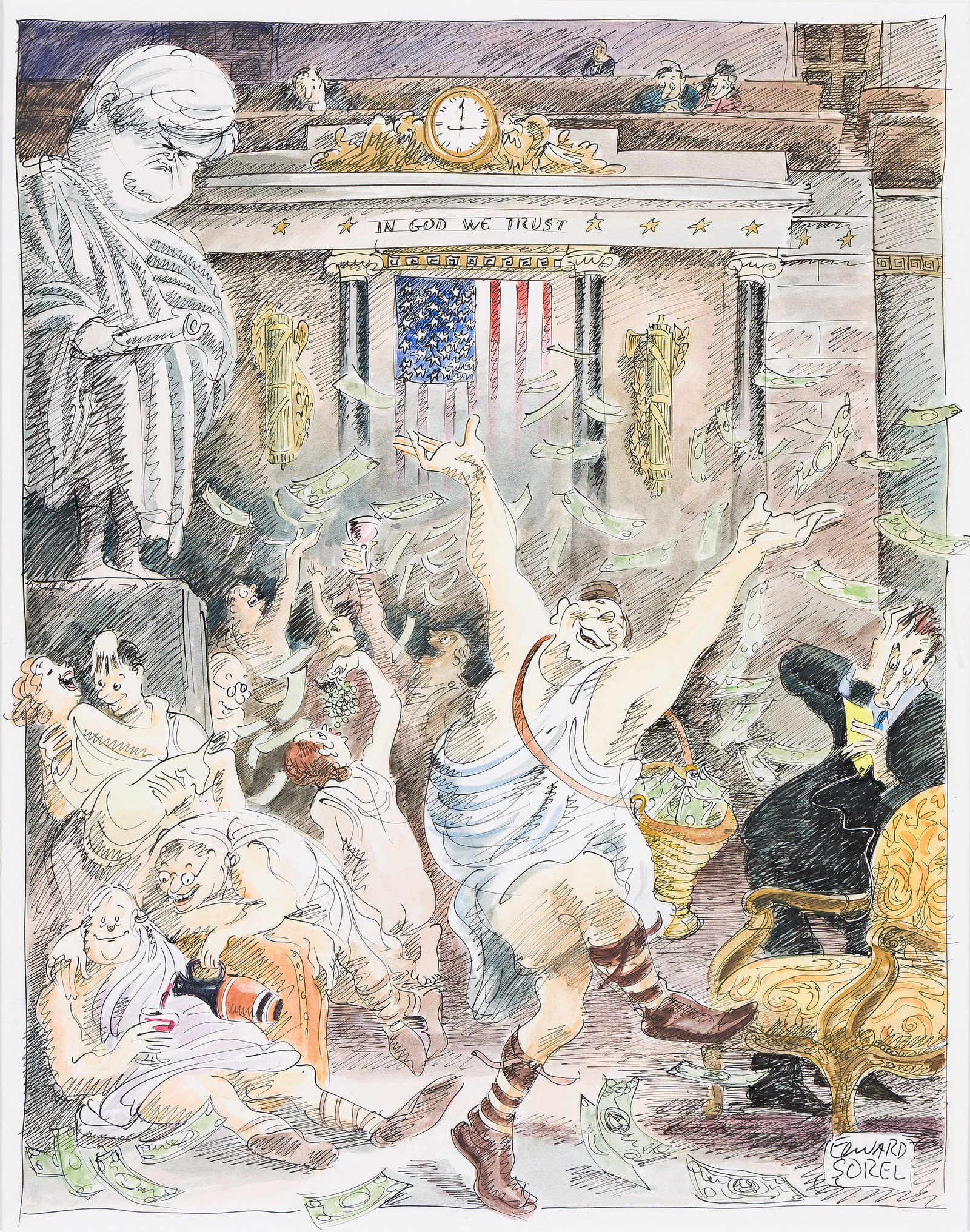 Edward Sorel, (b. 1929), Naked Emperors. Circa 2000.: Edward Sorel (b. 1929) Naked Emperors. Circa 2000. Mixed media on board. Signed in lower right. Publication: Cartoon used for the cover of the book Naked Emperors: the Failure of the Republican Revo