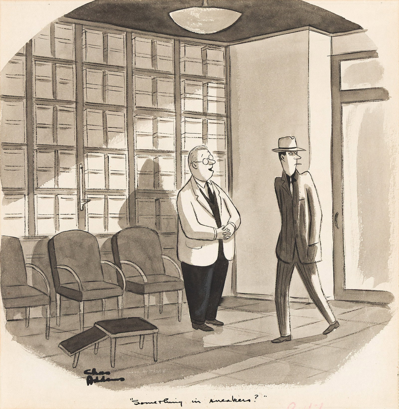 Charles Samuel Addams, (1912-1988), "Something in sneakers?" 1953.: Charles Samuel Addams (1912-1988) "Something in sneakers?" 1953. Ink and wash on board. Signed in lower left. Caption written in lower margin. New Yorker stamp on verso. Publication: Cartoon publish