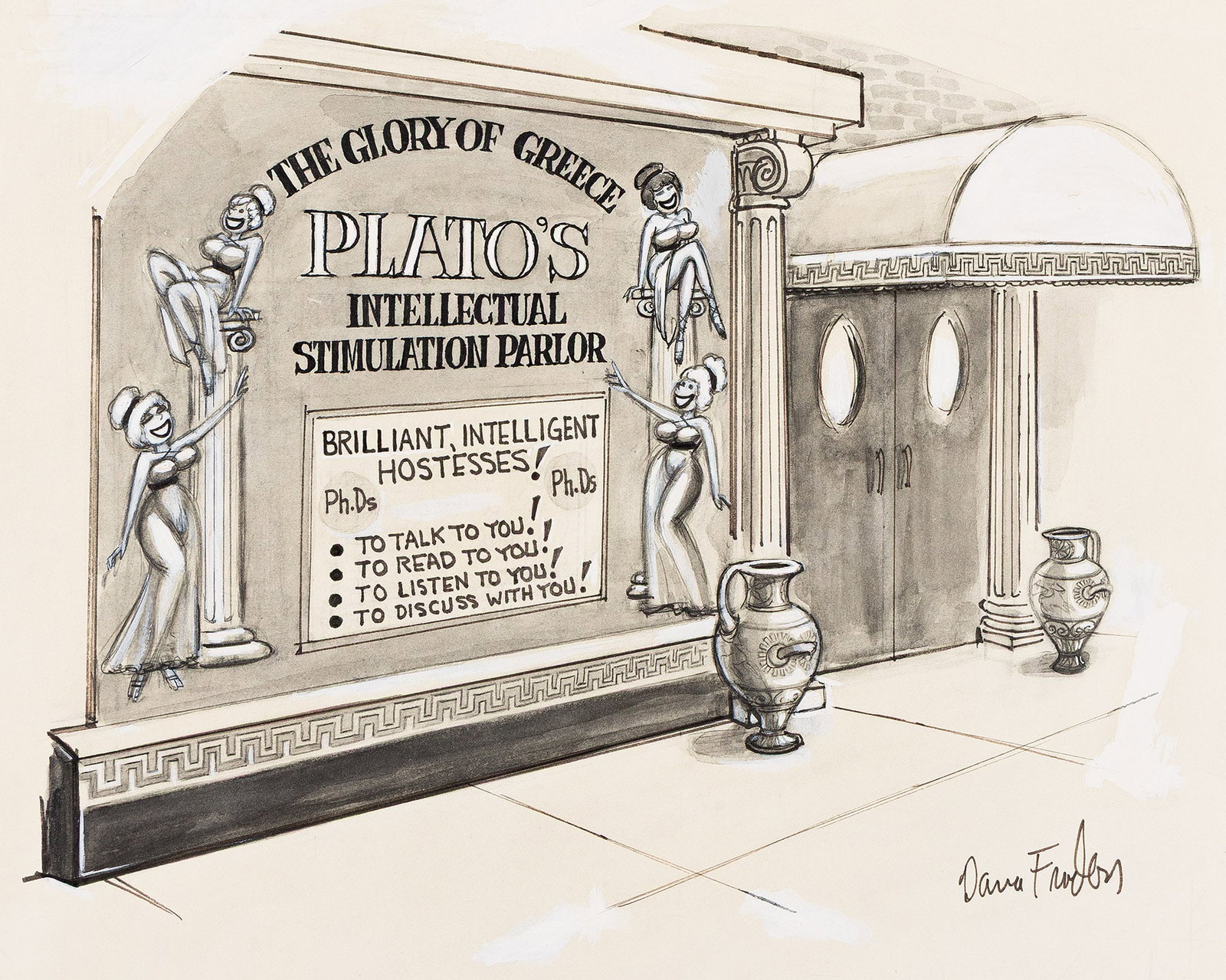 Dana Fradon, (1922-2019), Plato's Intellectual Stimulation Parlor. 1973.: Dana Fradon (1922-2019) Plato's Intellectual Stimulation Parlor. 1973. Pen, ink and wash over pencil with white heightening on paper. Signed in lower right. Publication: Cartoon published in The New