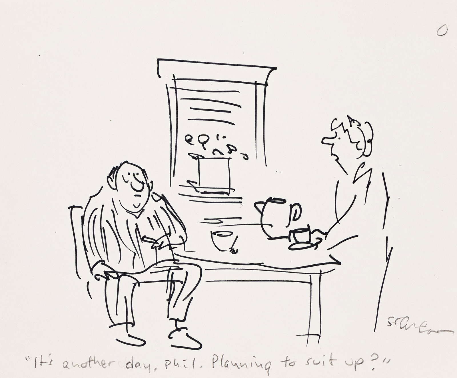 James (1929) Stevenson, (1929-2017), 2 cartoon proposals: "It's another day, Phil. Planning to suit (1 of 2)