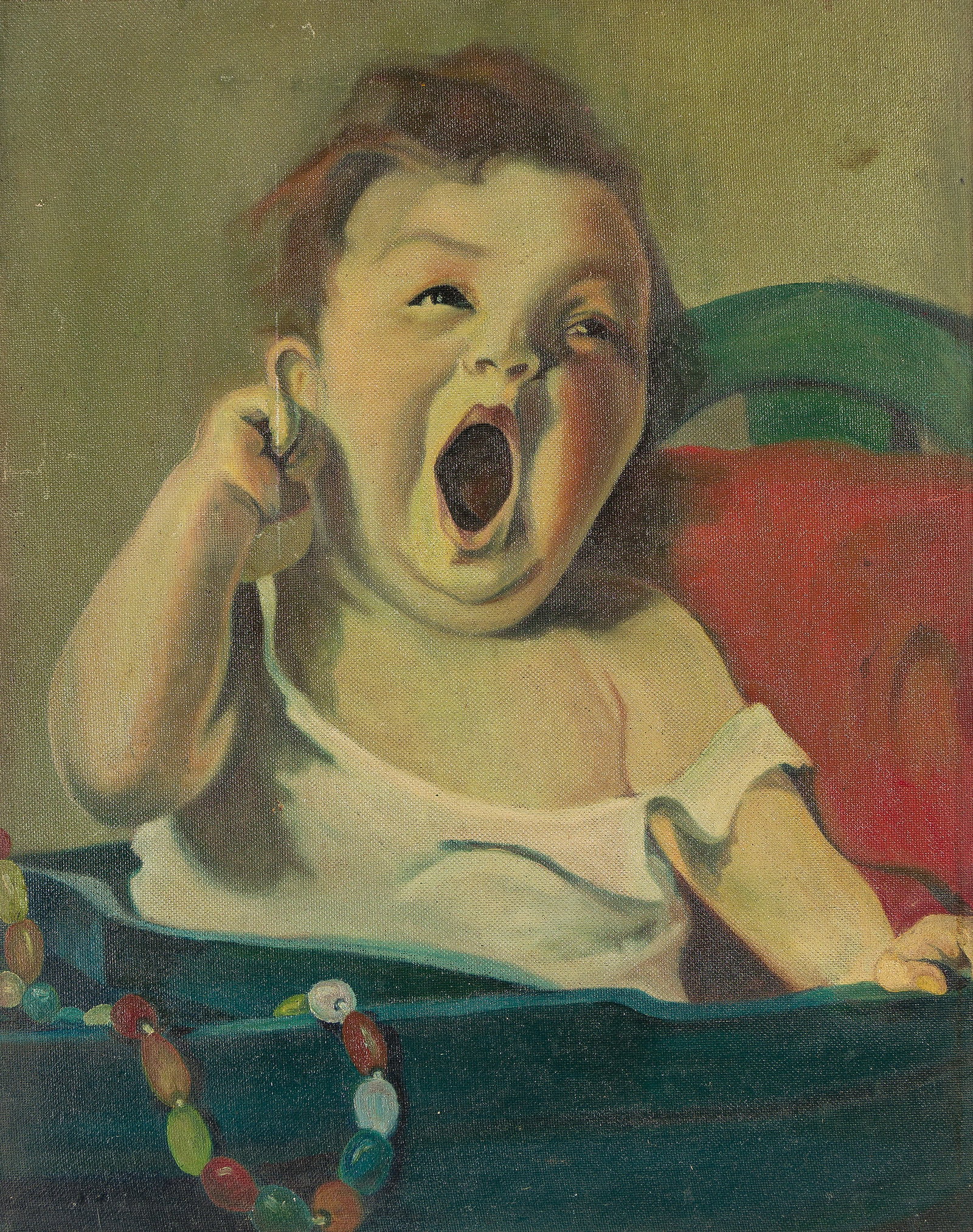 Segur Gulbransen, (d. 1968), Yawning Baby. 1935.: Segur Gulbransen (d. 1968) Yawning Baby. 1935. Oil on canvas board. Unsigned. Accompanied by a copy of This Week. Publication: Cover art for he nationally syndicated Sunday magazine supplement, This