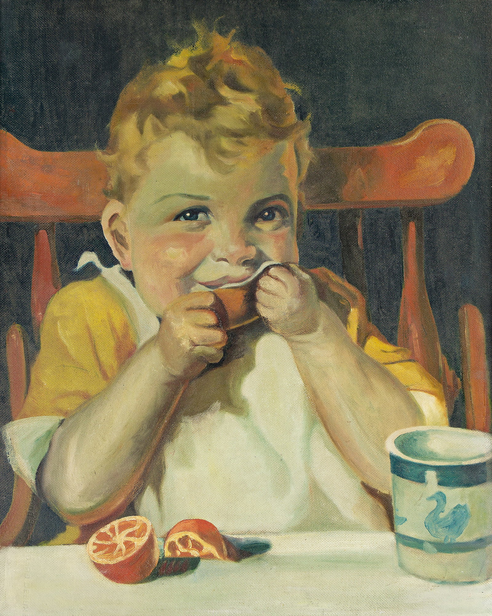 Segur Gulbransen, (d. 1968), Little Mischief-Maker. 1936.: Segur Gulbransen (d. 1968) Little Mischief-Maker. 1936. Oil on canvas board. Unsigned. Accompanied by a copy of This Week and the calendar where this illustration was published. Publication: Cover a