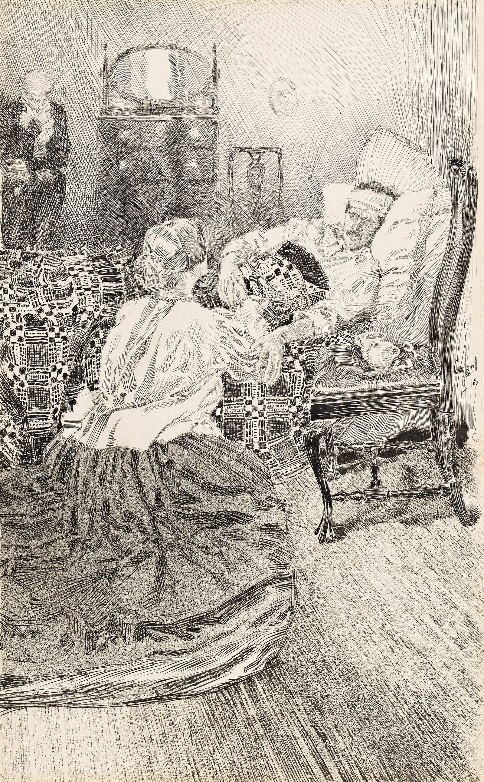 Orson Byron Lowell, (1871-1956), "It's all right, Hannah, he said." 1898.: Orson Byron Lowell (1871-1956) "It's all right, Hannah, he said." 1898. Pen and ink on Bristol board. Signed in center right. Caption and book title written in pencil in lower margin. Publication: I