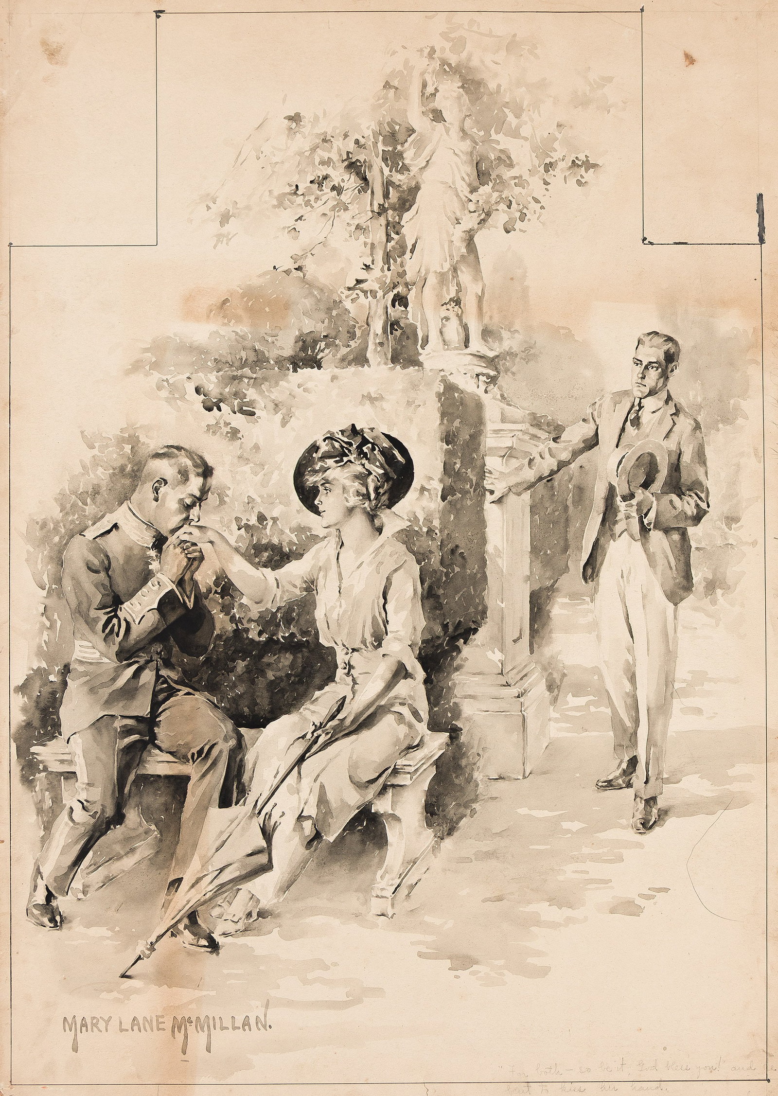 Mary Lane McMillan, (1883-1976), "And he bent to kiss her hand." 1914. (1 of 1)