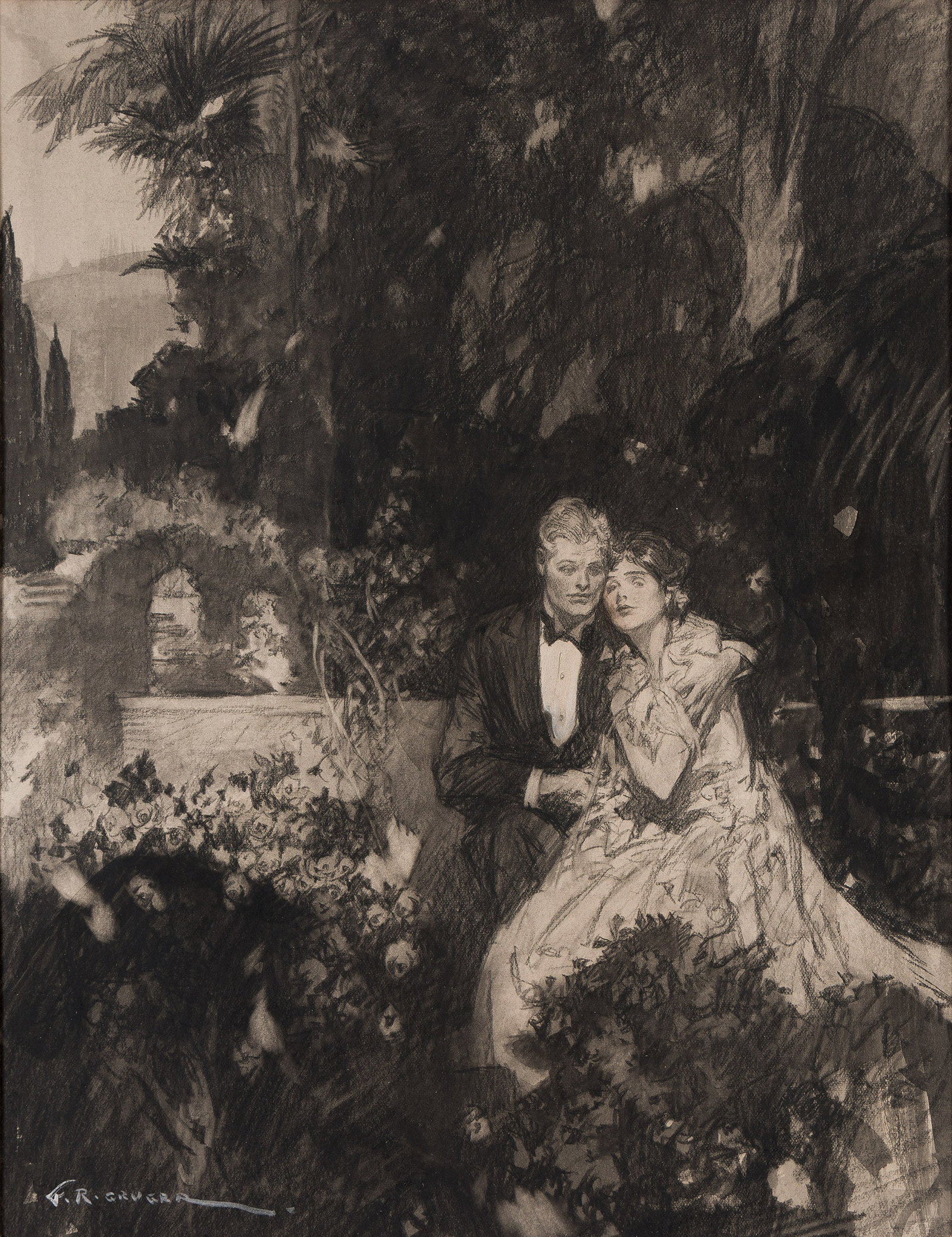 Frederic Rodrigo Gruger, (1871-1953), Couple in Garden. Circa 1930.: Frederic Rodrigo Gruger (1871-1953) Couple in Garden. Circa 1930. Charcoal on board. Signed in lower left. 19 1/4 x 16 in. (48.9 x 40.6 cm.) Additional Details Provenance: Publicat