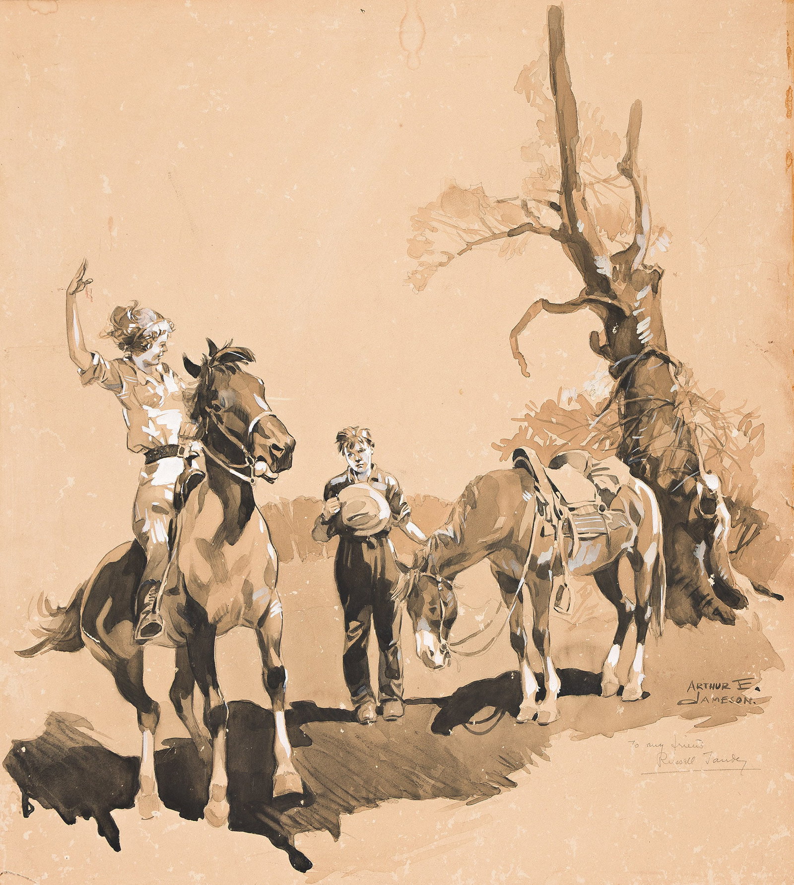 Arthur E. Jameson, (1872-1957), "Something dashed out of the corral on a calico pony." Circa 1930. (1 of 1)