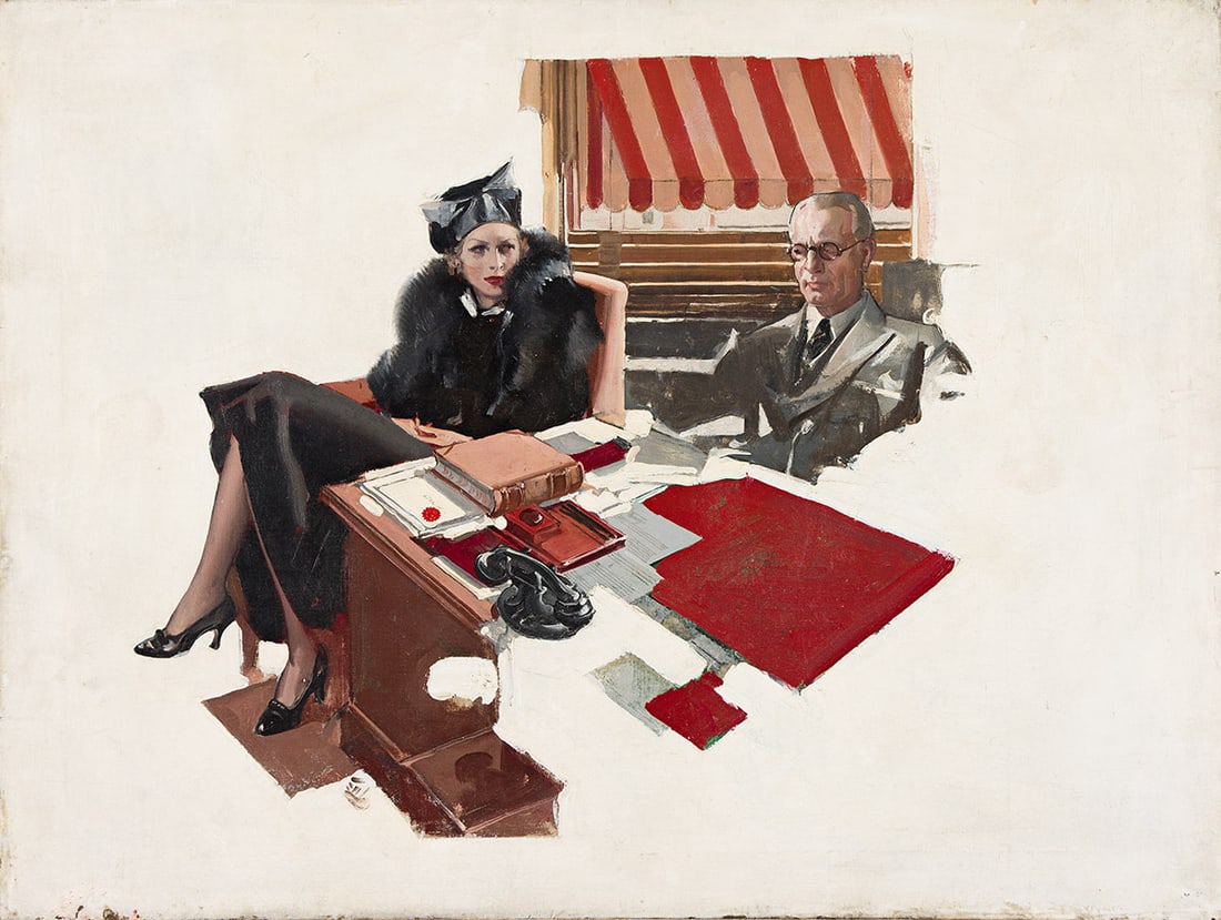 Elbert McGran Jackson, (1896-1962), "Mr. Crouch found the paper and read the offer aloud." 1932.: Elbert McGran Jackson (1896-1962) "Mr. Crouch found the paper and read the offer aloud." 1932. Oil on canvas. Initialed in lower left image. Publication: Study for a magazine illustration for "Hurdy