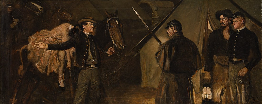 Norman Mills Price, (1877-1951), "Babcock led his mud-splashed horse to Colonel Sharpe's quarters.": Norman Mills Price (1877-1951) "Babcock led his mud-splashed horse to Colonel Sharpe's quarters." 1933. Oil on canvas. Signed in lower right image. Publication: Story illustration for "'Operator 13'