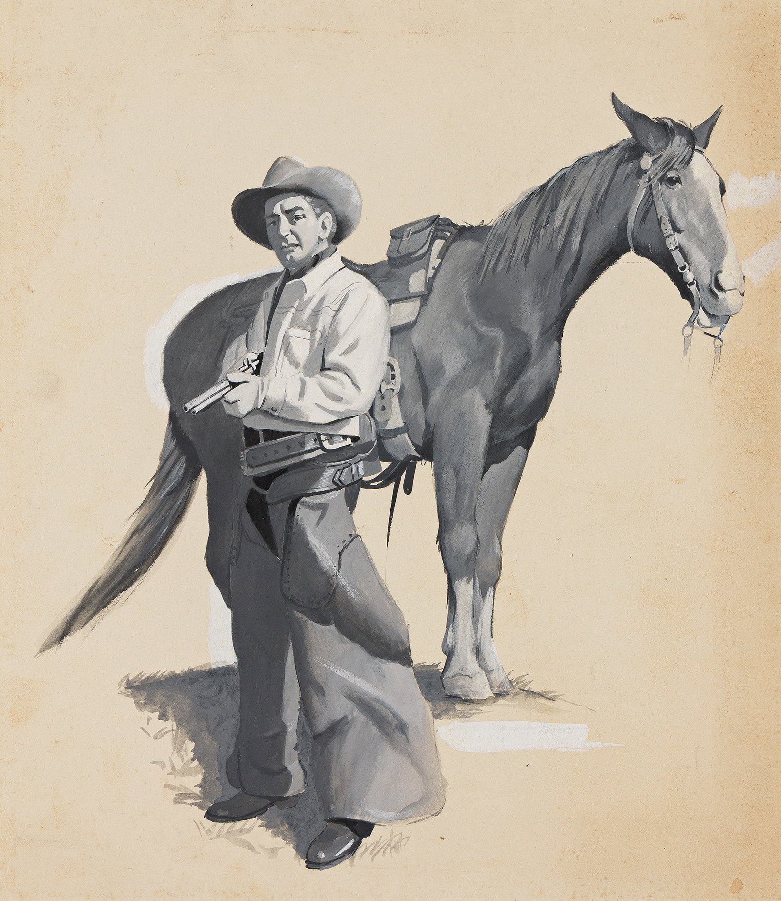 John Sidrone, (20th century), Cowboy with rifle and horse. Circa 1940. (1 of 1)
