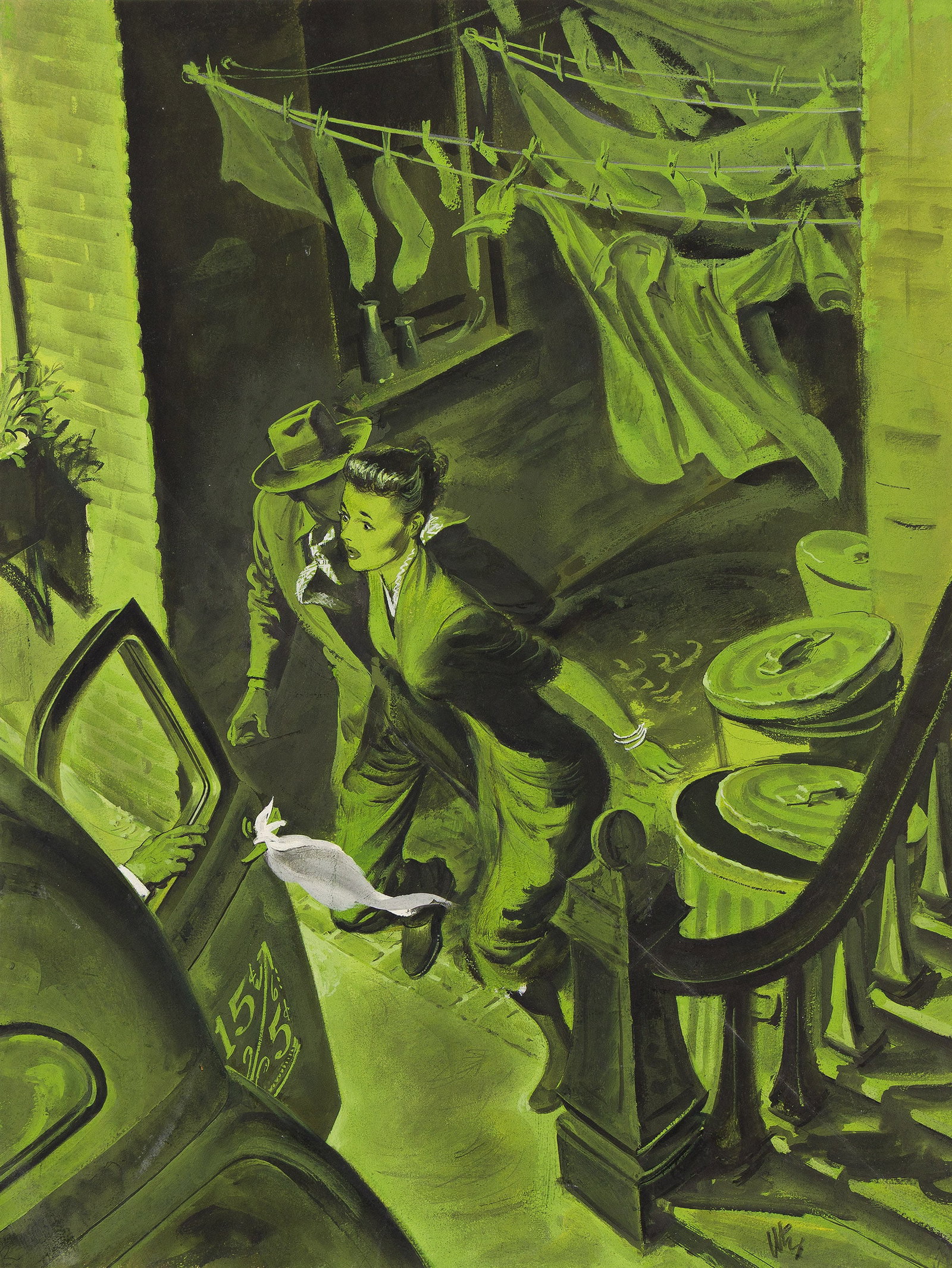 Thornton Utz, (1914-1999), "The weapon told a grim tale of murder, masked as suicide..." 1949. (1 of 1)