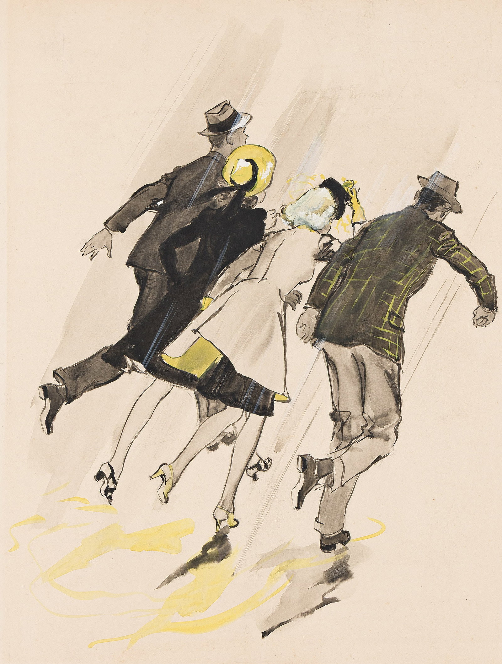 Gilbert Bundy, (1911-1955), "This would have to happen." 1939.: Gilbert Bundy (1911-1955) "This would have to happen." 1939. Gouache on board. Unsigned. Saturday Evening Post label on verso. Publication: Interior illustration for "There's Always Two Sides," publ