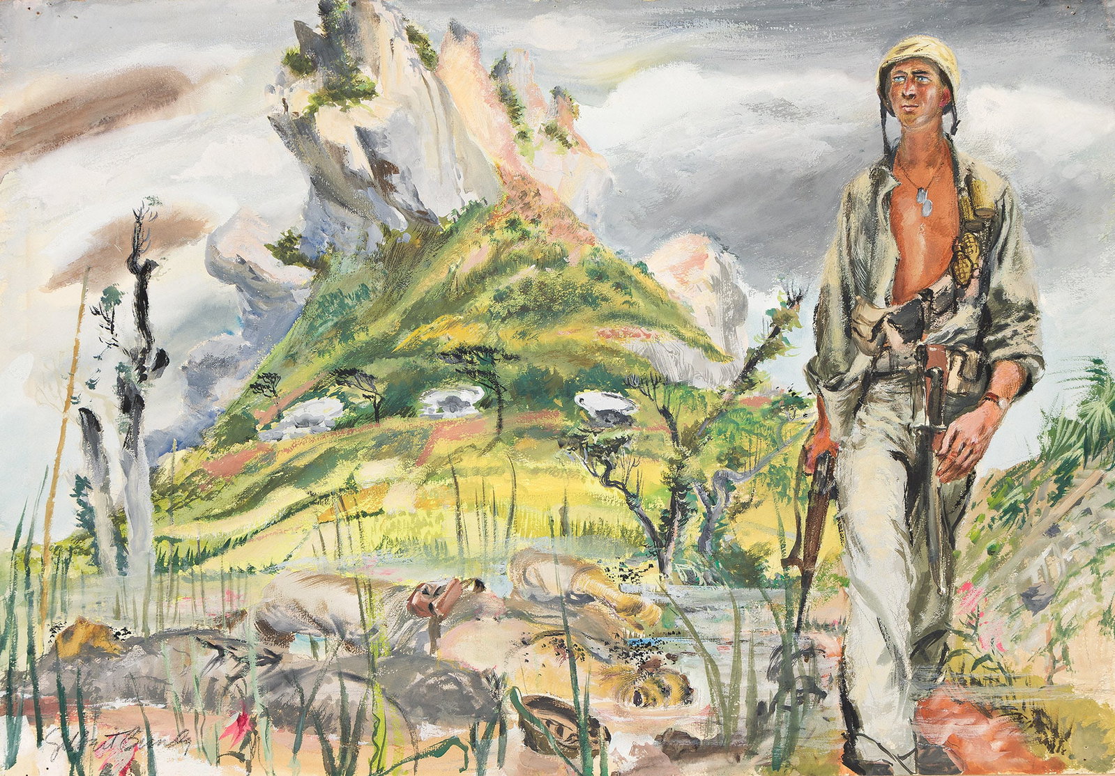 Gilbert Bundy, (1911-1955), Battle scene. Circa 1950.: Gilbert Bundy (1911-1955) Battle scene. Circa 1950. Gouache on board. Signed in lower left. Publication: Illustration for an unknown publication, possibly a men's magazine. 22 x 28 in. (55.9