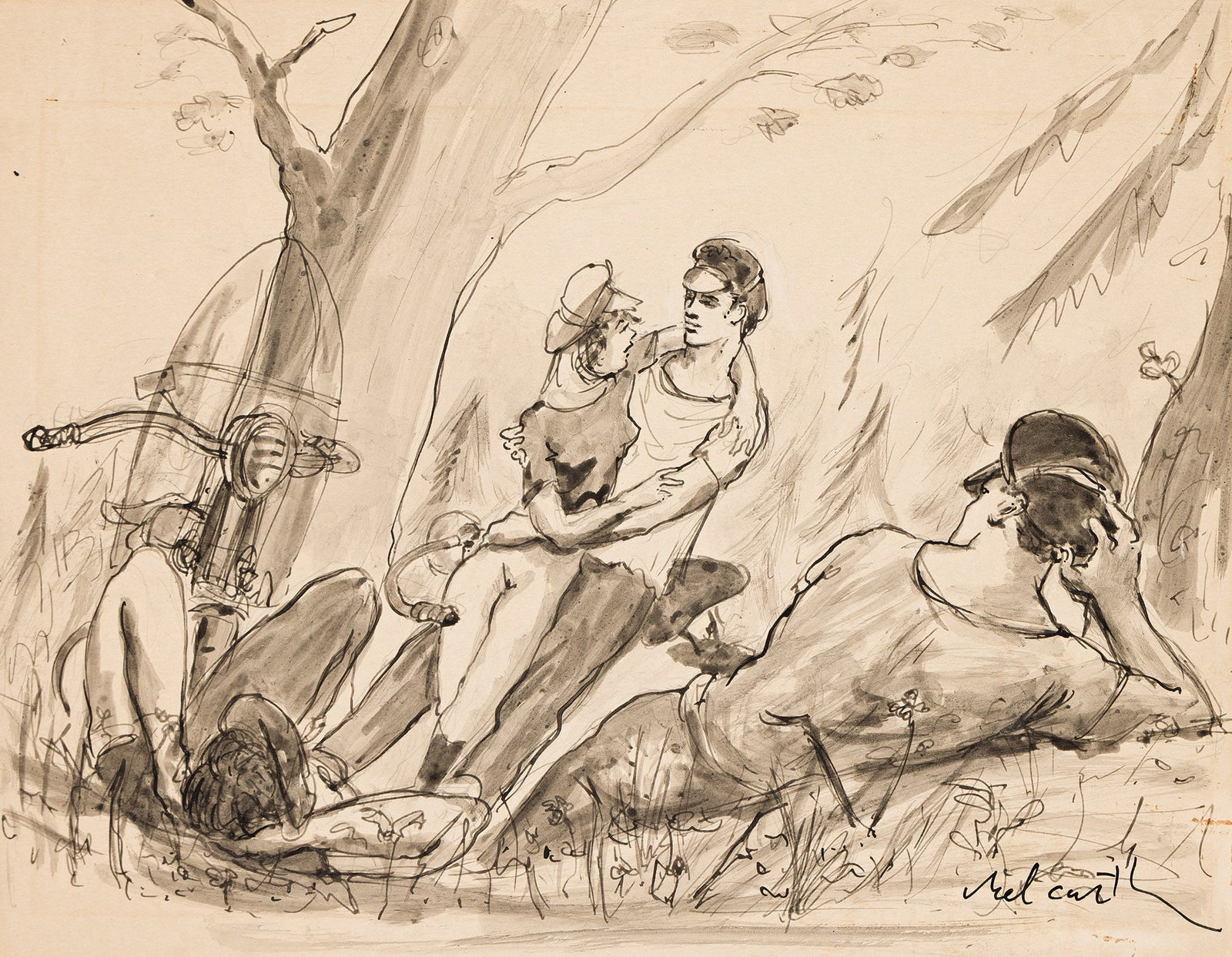 Edward Melcarth, (1914-1973), Motorcycle gang at rest. Circa 1950. (1 of 1)