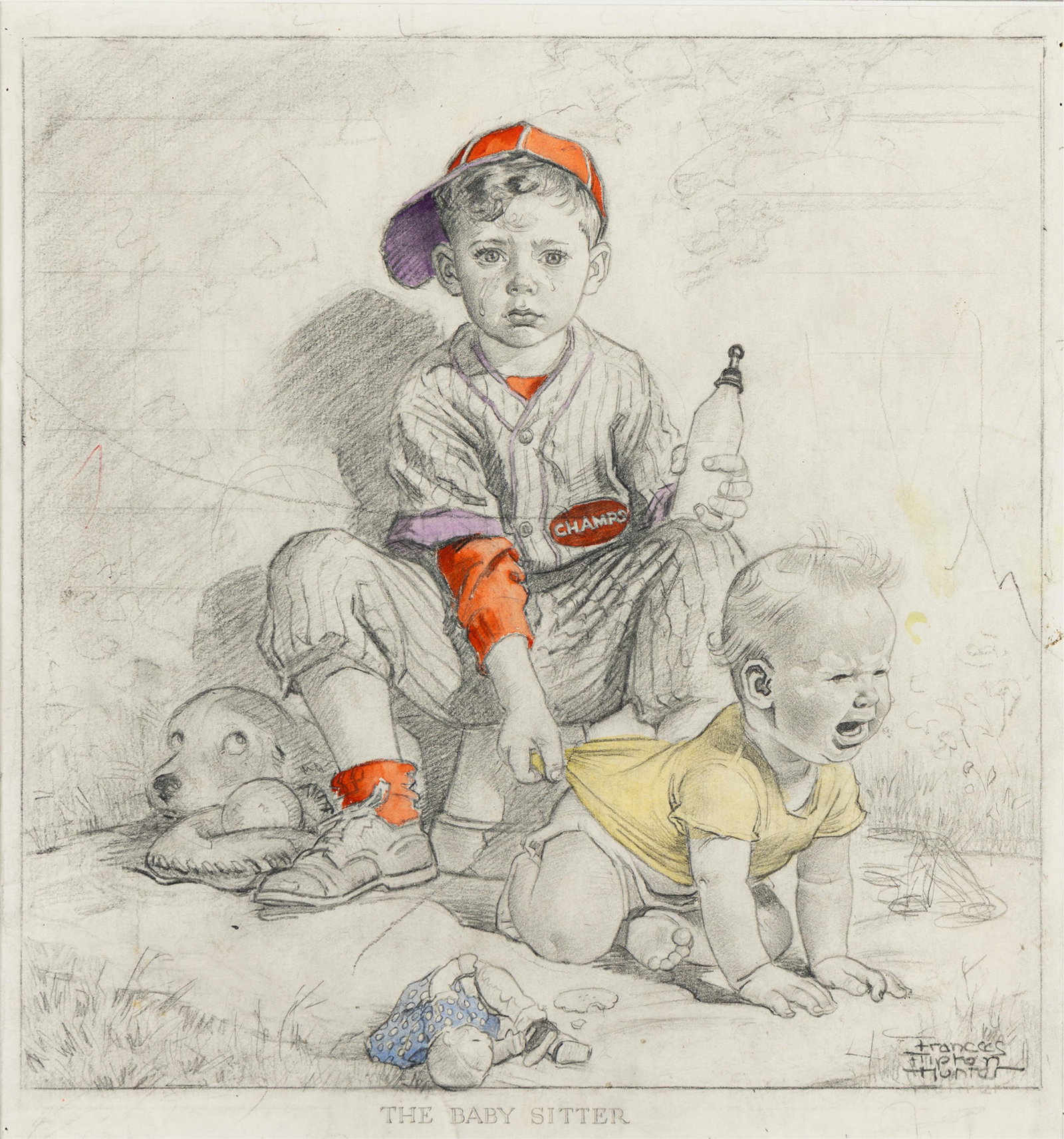 Frances Tipton Hunter, (1896-1957), Study for "The Baby Sitter." Circa 1950.: Frances Tipton Hunter (1896-1957) Study for "The Baby Sitter." Circa 1950. Pencil and watercolor on board. Signed in lower right. Title from lower margin. Publication: Possible proposal for a magazi